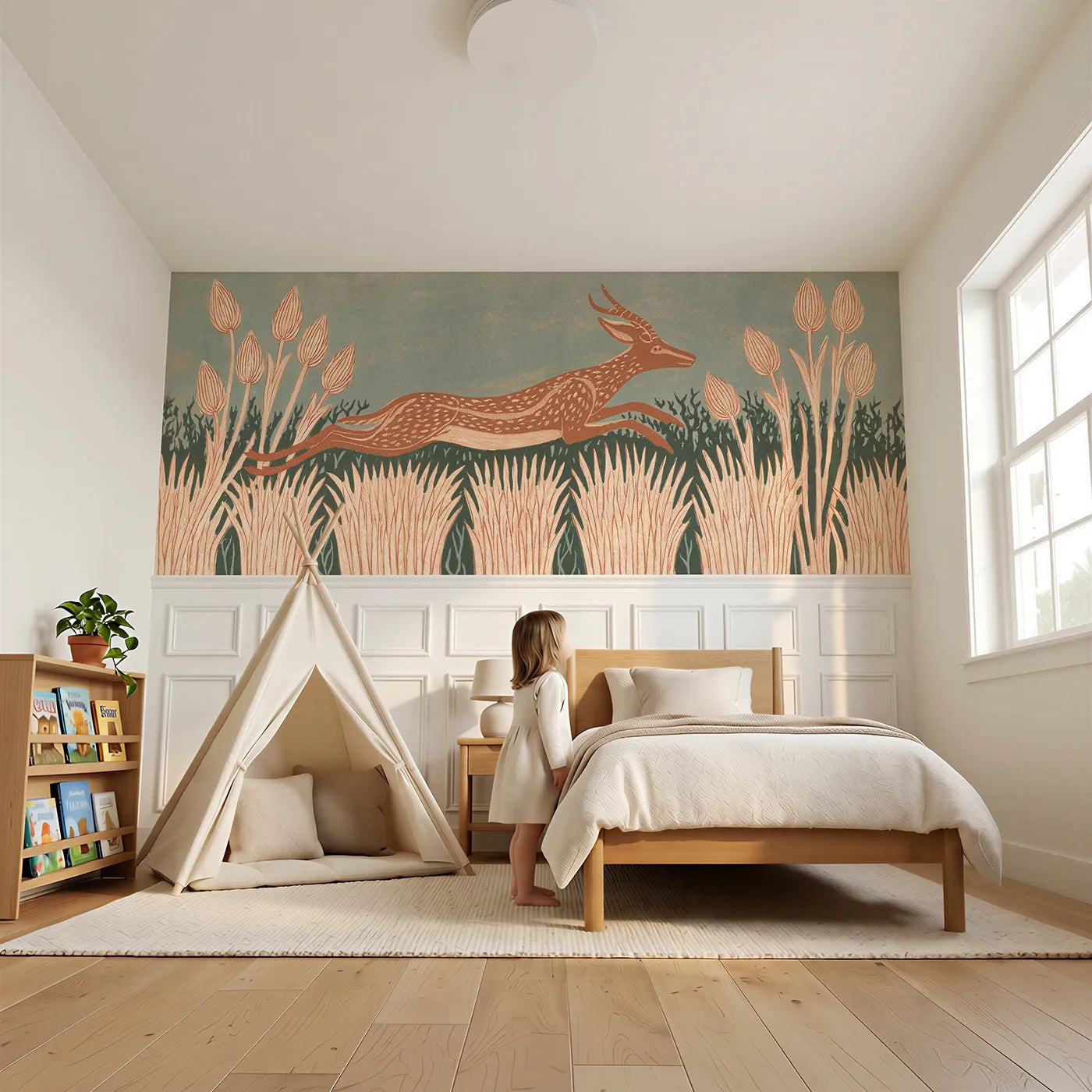Child reading near Carved Gazelle Leap Wainscoting Wallpaper by Whimsy Tots