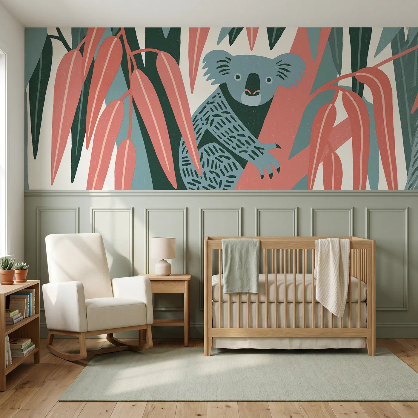 Block print wainscoting mural of a carved koala in gum leaves by Whimsy Tots