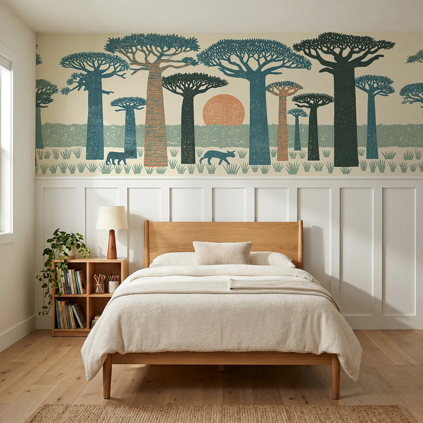Block print wainscoting wallpaper of carved baobabs at sunset by Whimsy Tots