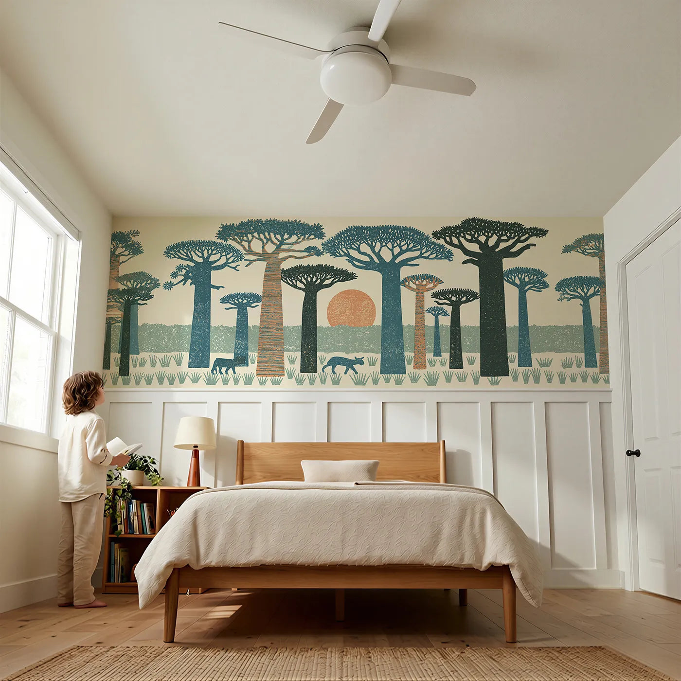 Child reading near Carved Baobab Evening Wainscoting Wallpaper by Whimsy Tots