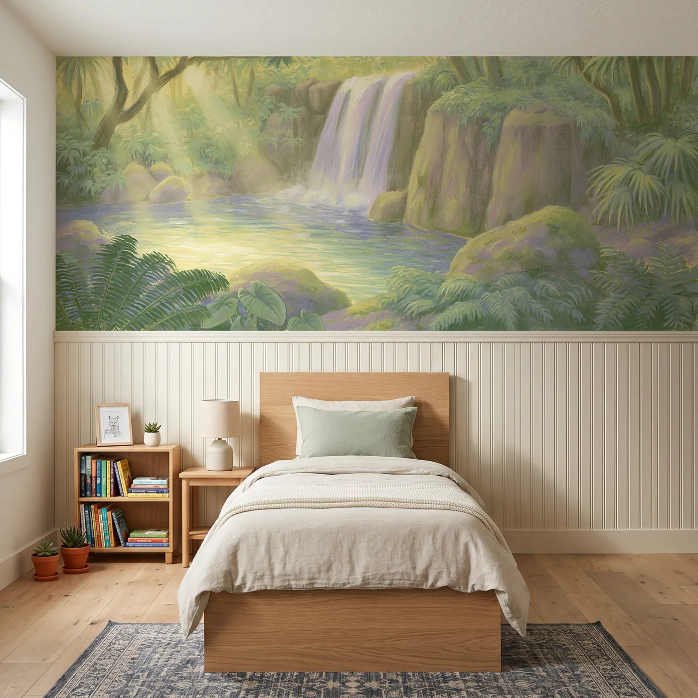 Colored pencil wainscoting wallpaper of a golden jungle waterfall pool by Whimsy Tots