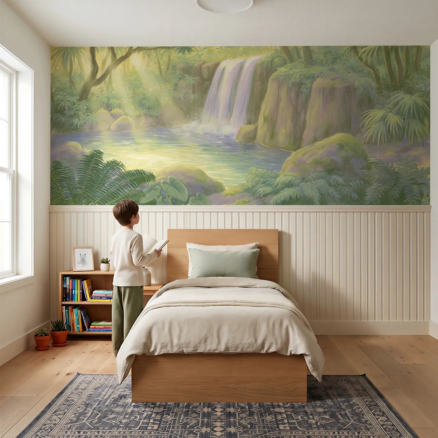 Child reading near Jungle Waterfall Golden Light Wainscoting Wallpaper by Whimsy Tots