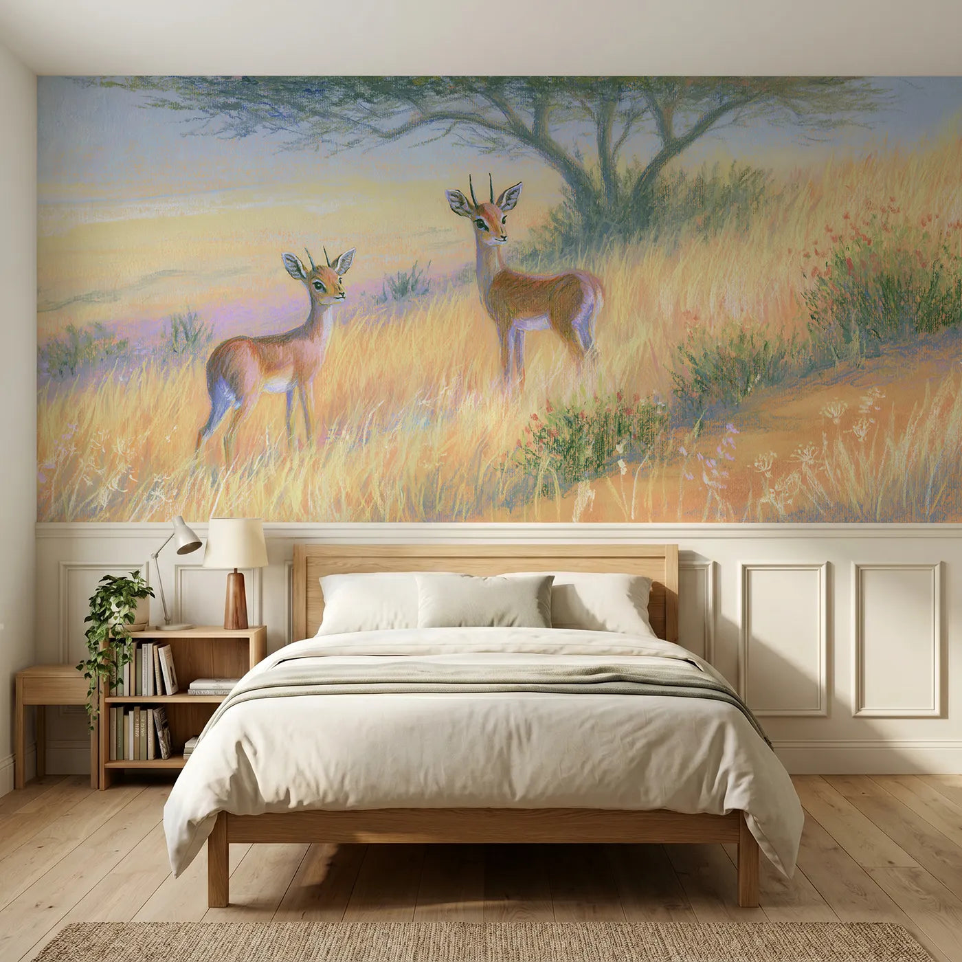 Colored pencil wainscoting wallpaper of tiny dik-dik antelope in golden grass by Whimsy Tots