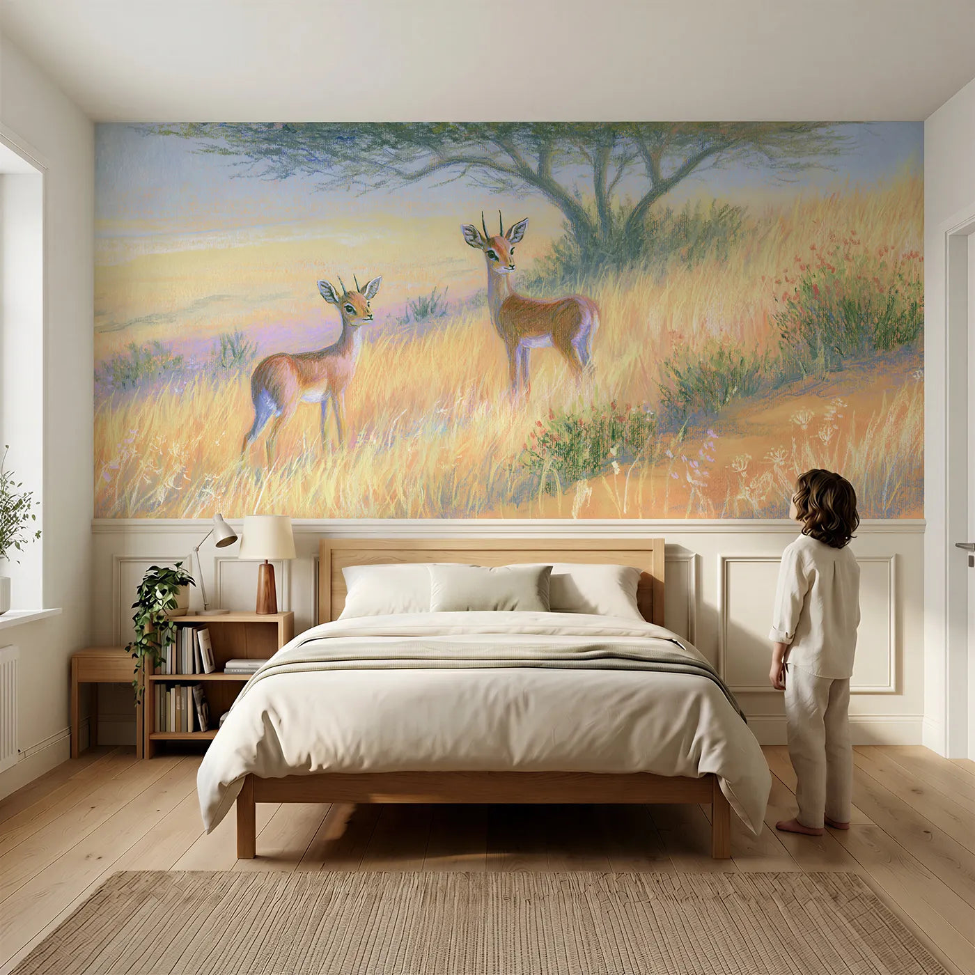 Child reading near Dik-dik Pair In The Grass Wainscoting Wallpaper by Whimsy Tots