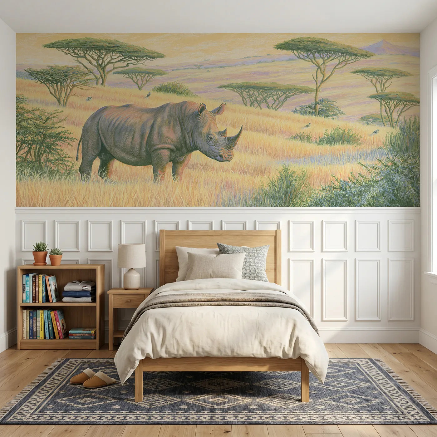 Colored pencil wainscoting mural of a rhino in morning grassland for a kids bedroom by Whimsy Tots