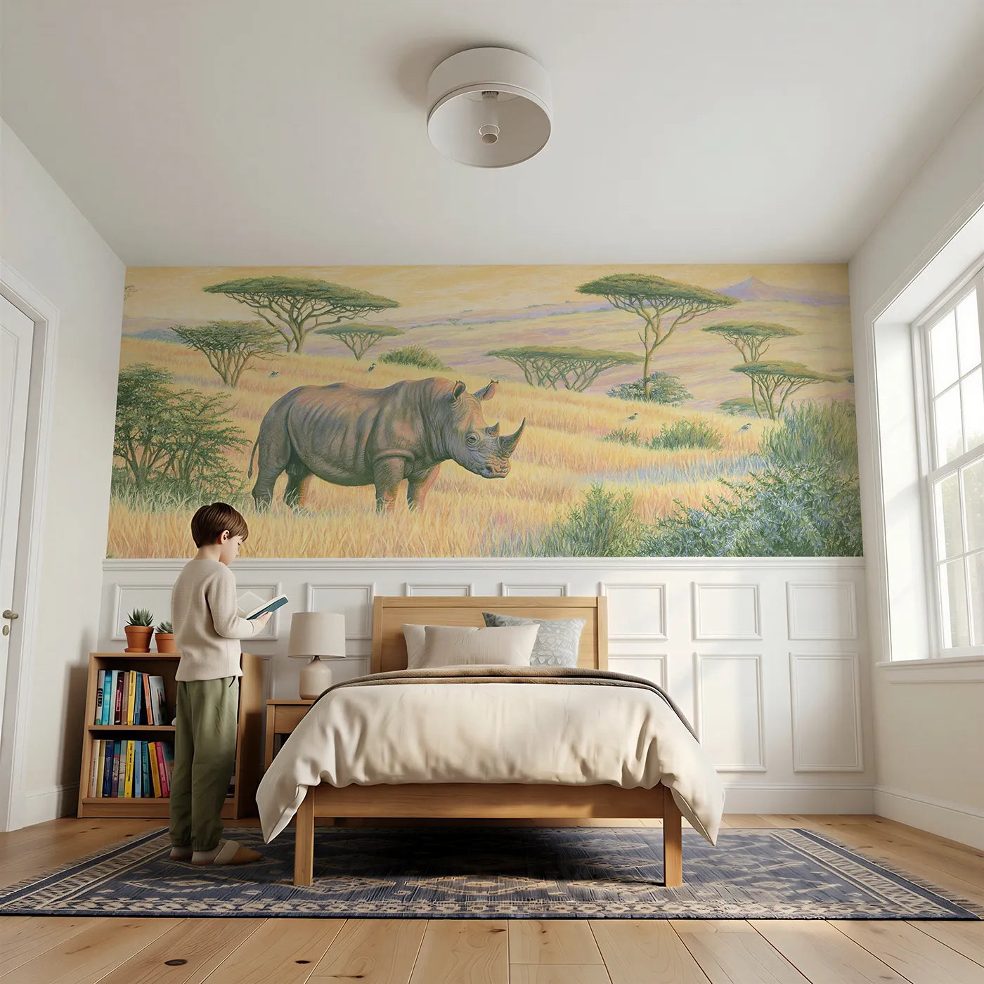 Child reading near Rhino Morning Grasslands Wainscoting Wallpaper by Whimsy Tots