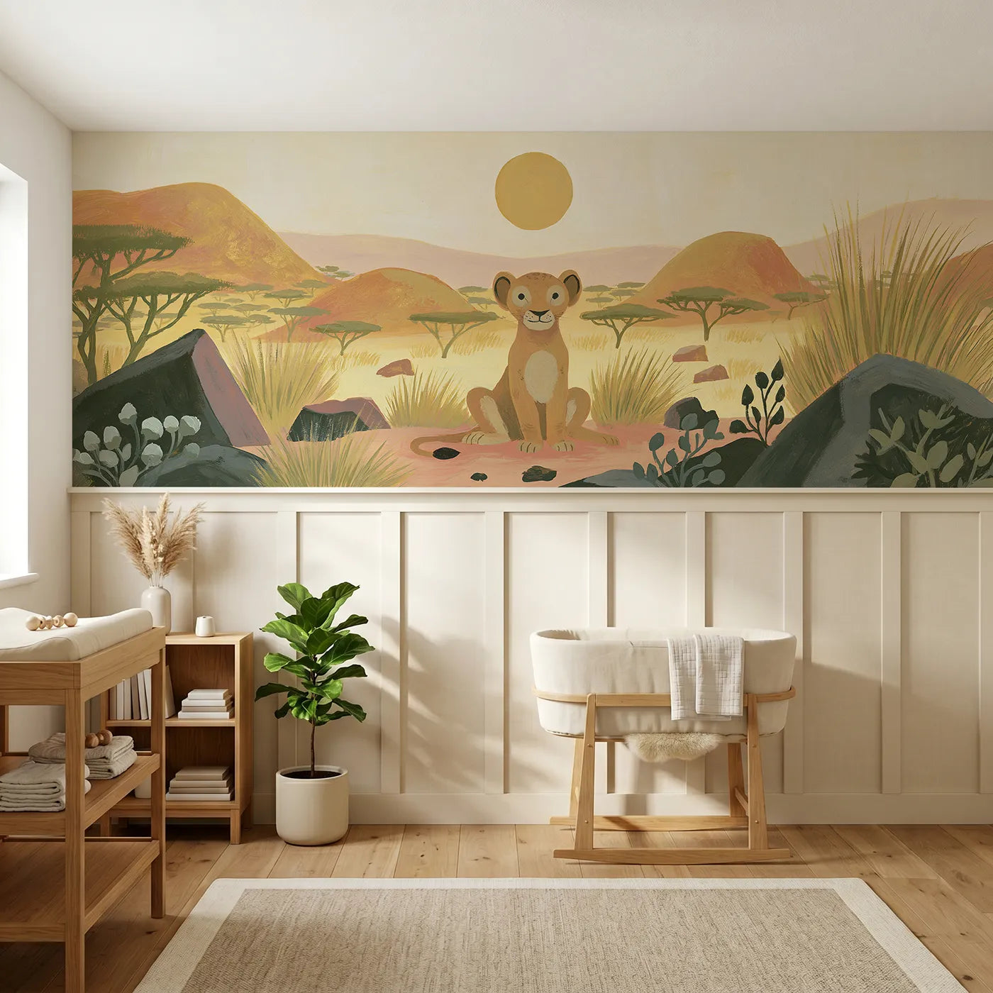 Modern illustration wainscoting wallpaper of a smiling lion cub under the sun by Whimsy Tots