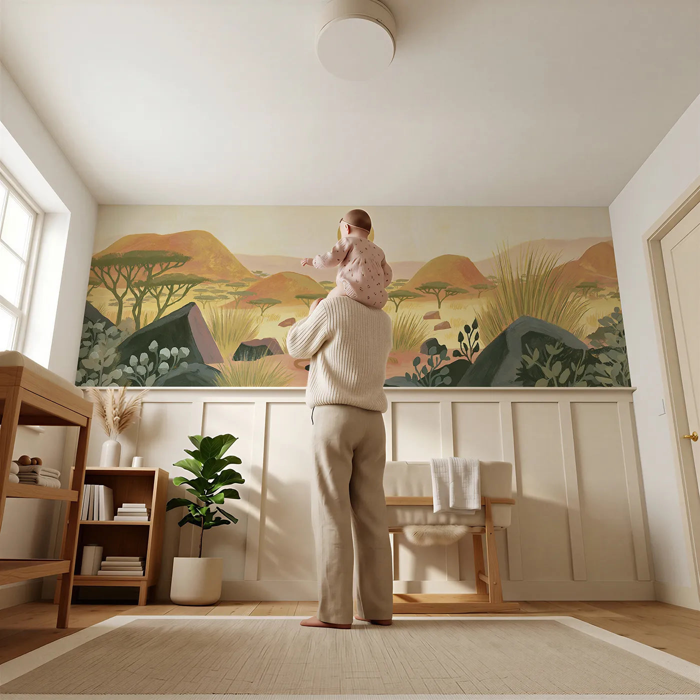 Child reading near Painted Lion Cub Sunshine Wainscoting Wallpaper by Whimsy Tots