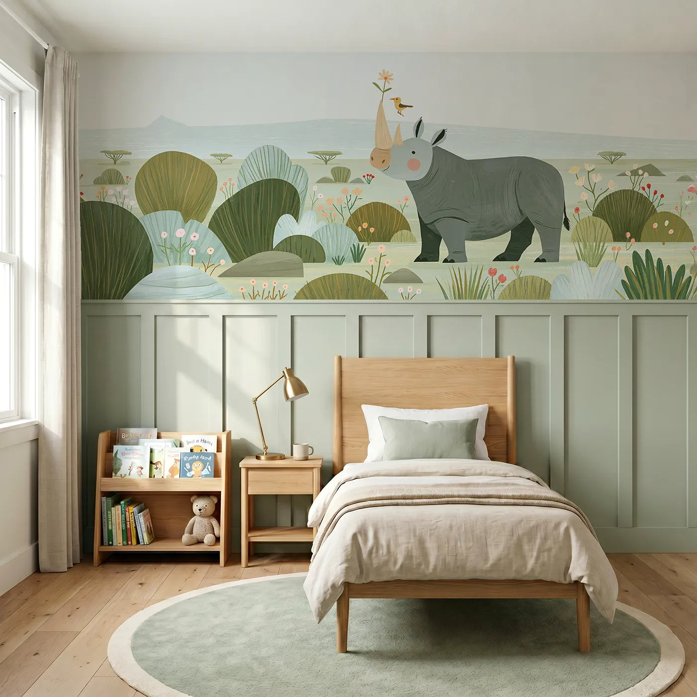 Modern illustration wainscoting wallpaper of a rhino with a tiny bird friend by Whimsy Tots
