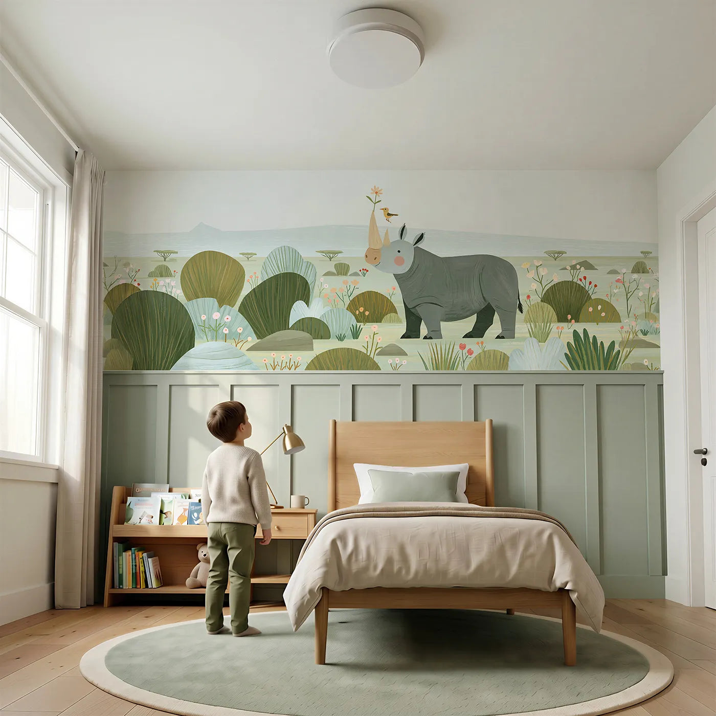 Child reading near Painted Rhino Flower Friend Wainscoting Wallpaper by Whimsy Tots