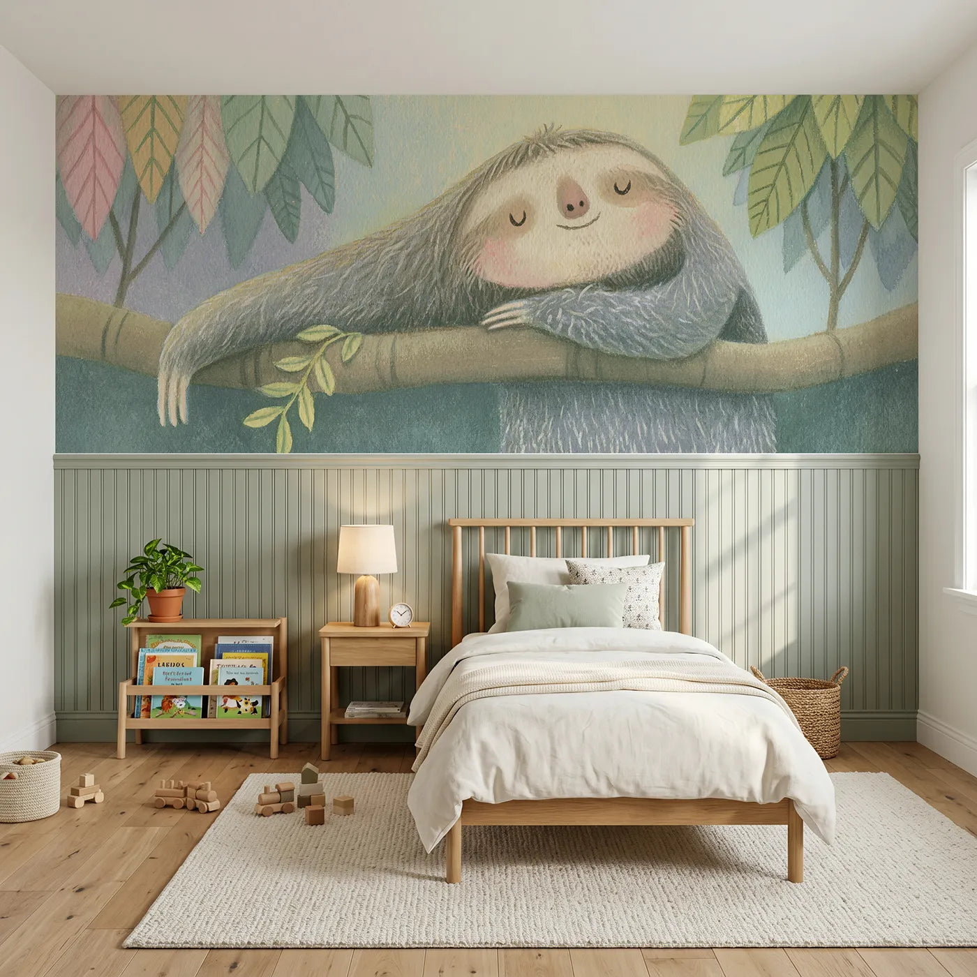 Colored pencil wainscoting mural of a sloth in a slow morning stretch by Whimsy Tots