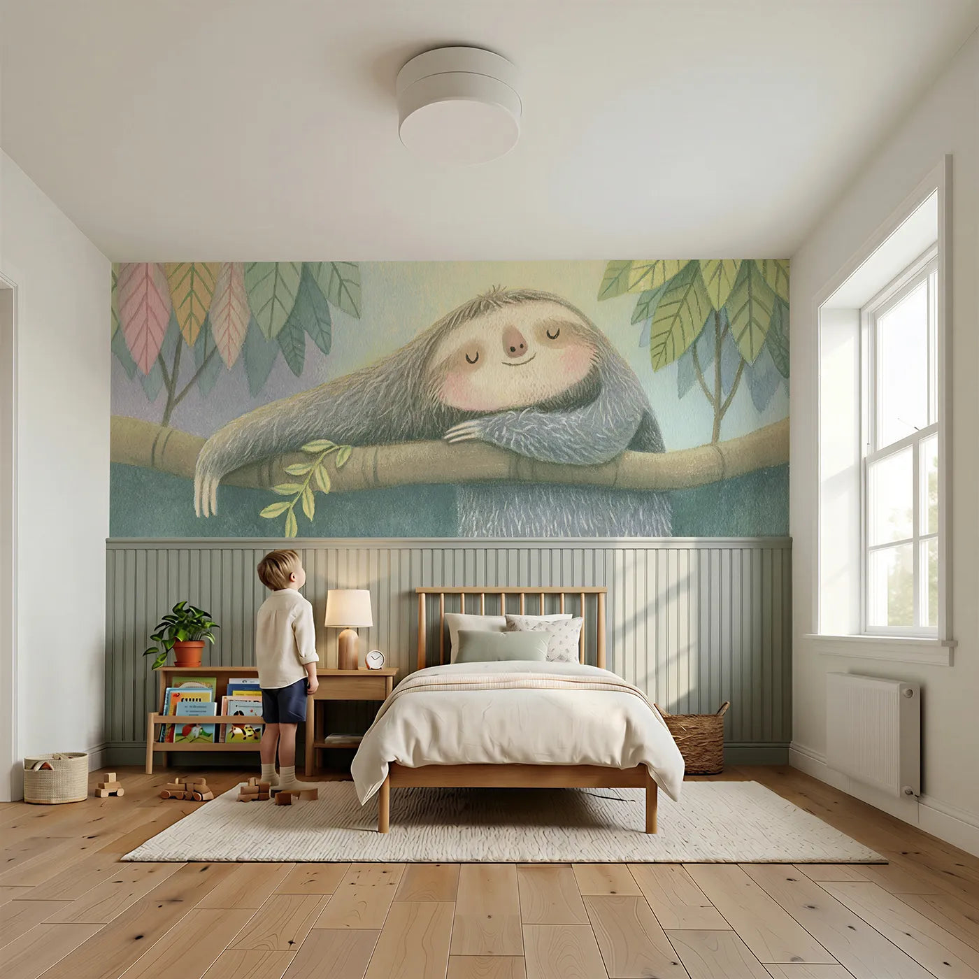 Child reading near Sloth Slow Morning Stretch Wainscoting Wallpaper by Whimsy Tots