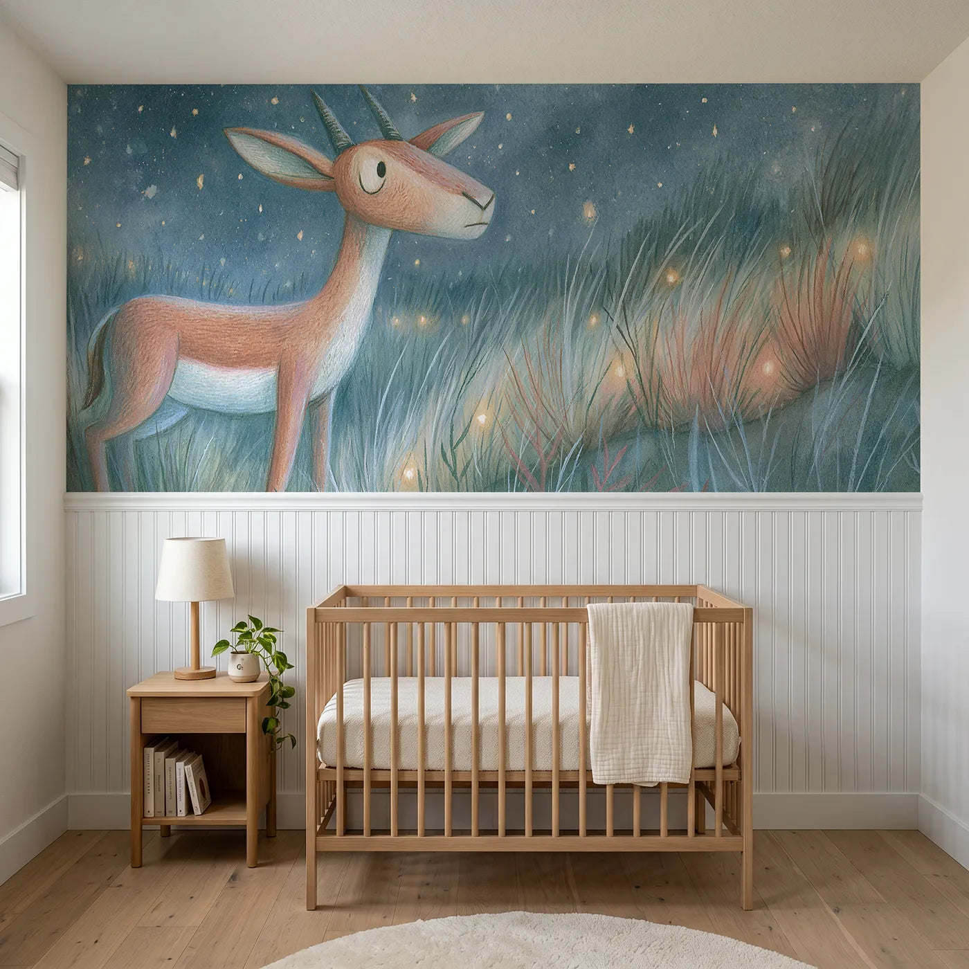 Colored pencil wainscoting wallpaper of a gazelle standing under starlight by Whimsy Tots