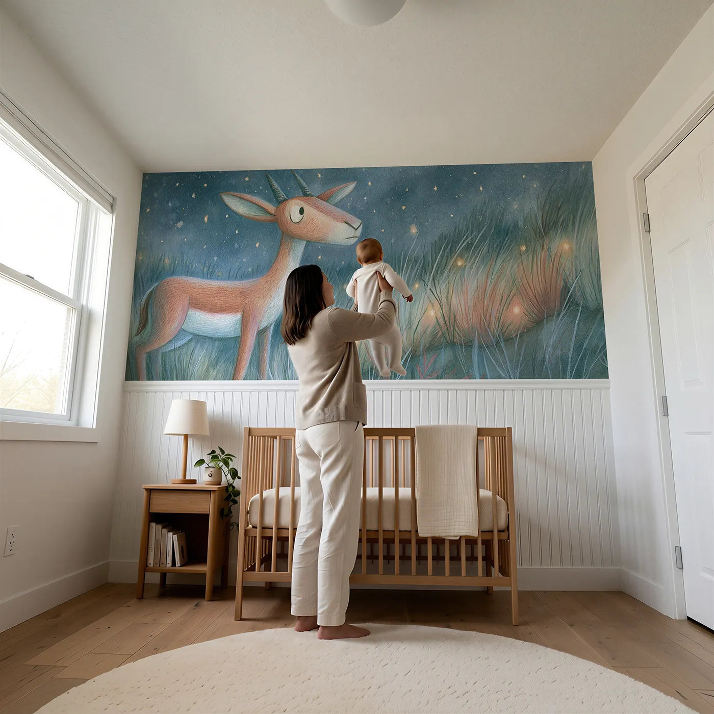 Child reading near Gazelle Starlit Stillness Wainscoting Wallpaper by Whimsy Tots