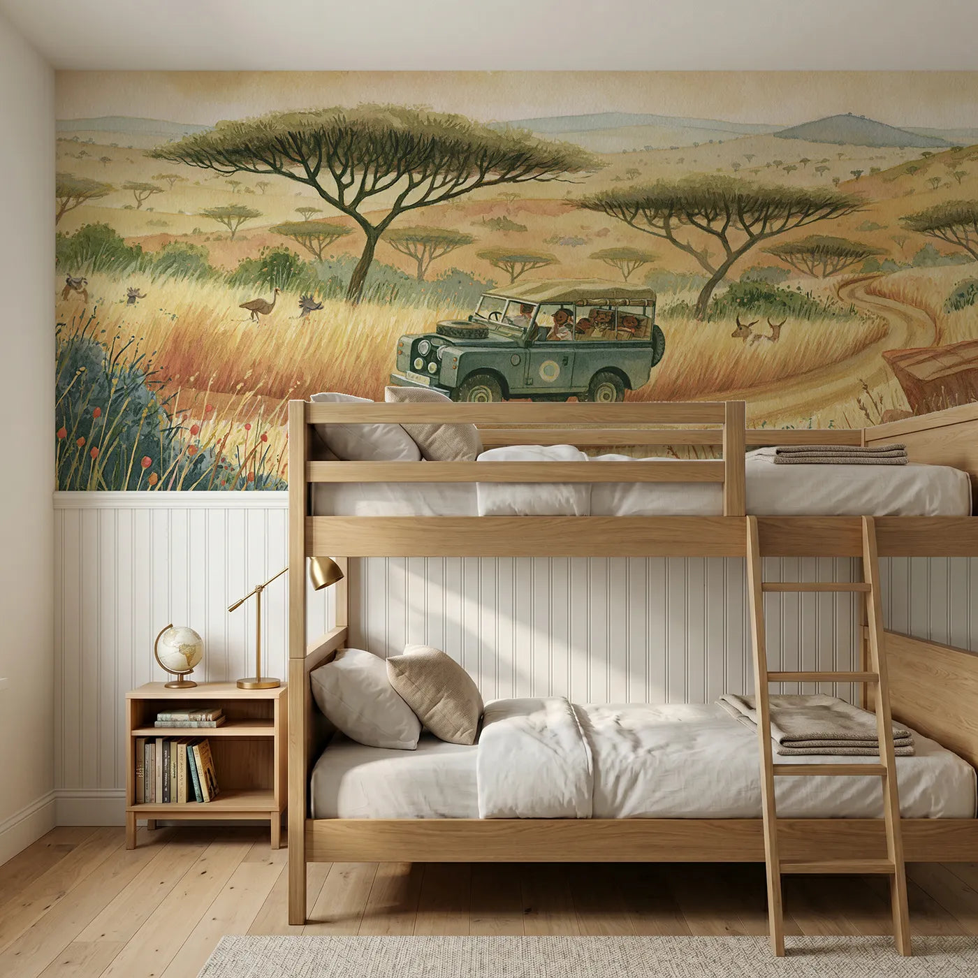 Storybook wainscoting wallpaper of a vintage safari jeep on a savanna track by Whimsy Tots
