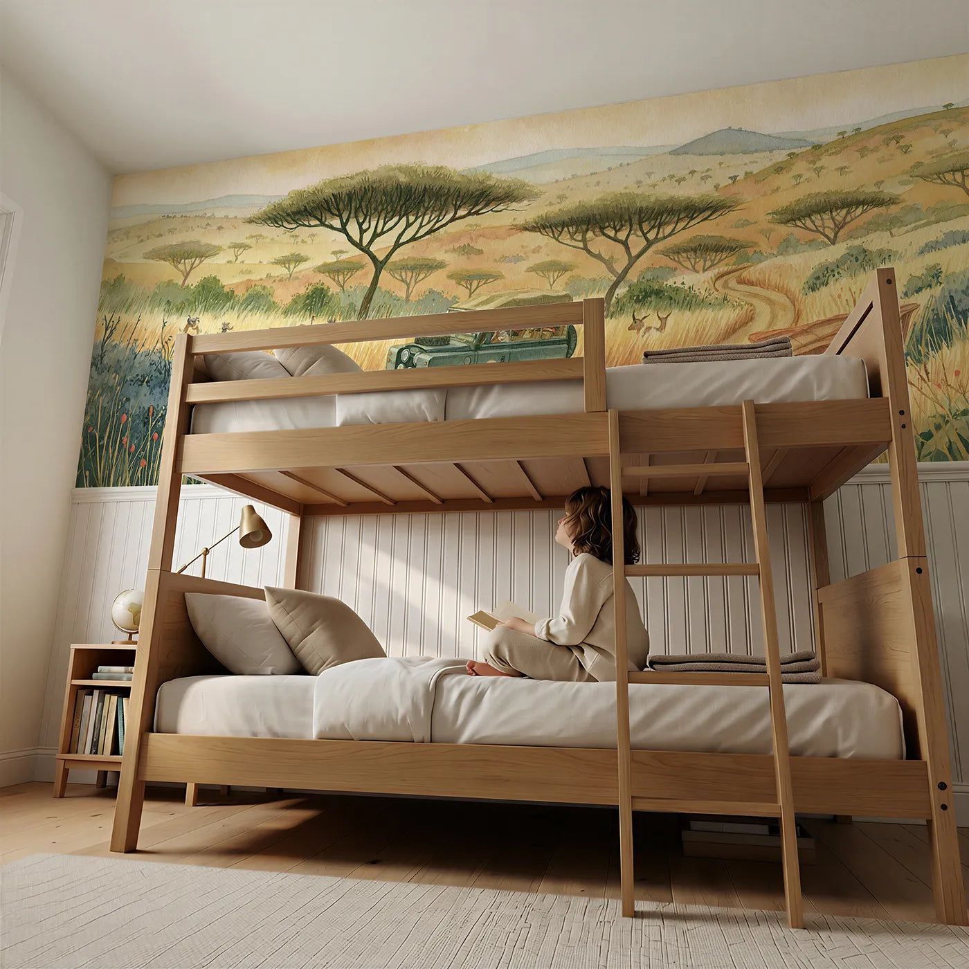 Child reading near Safari Jeep Adventure Wainscoting Wallpaper by Whimsy Tots