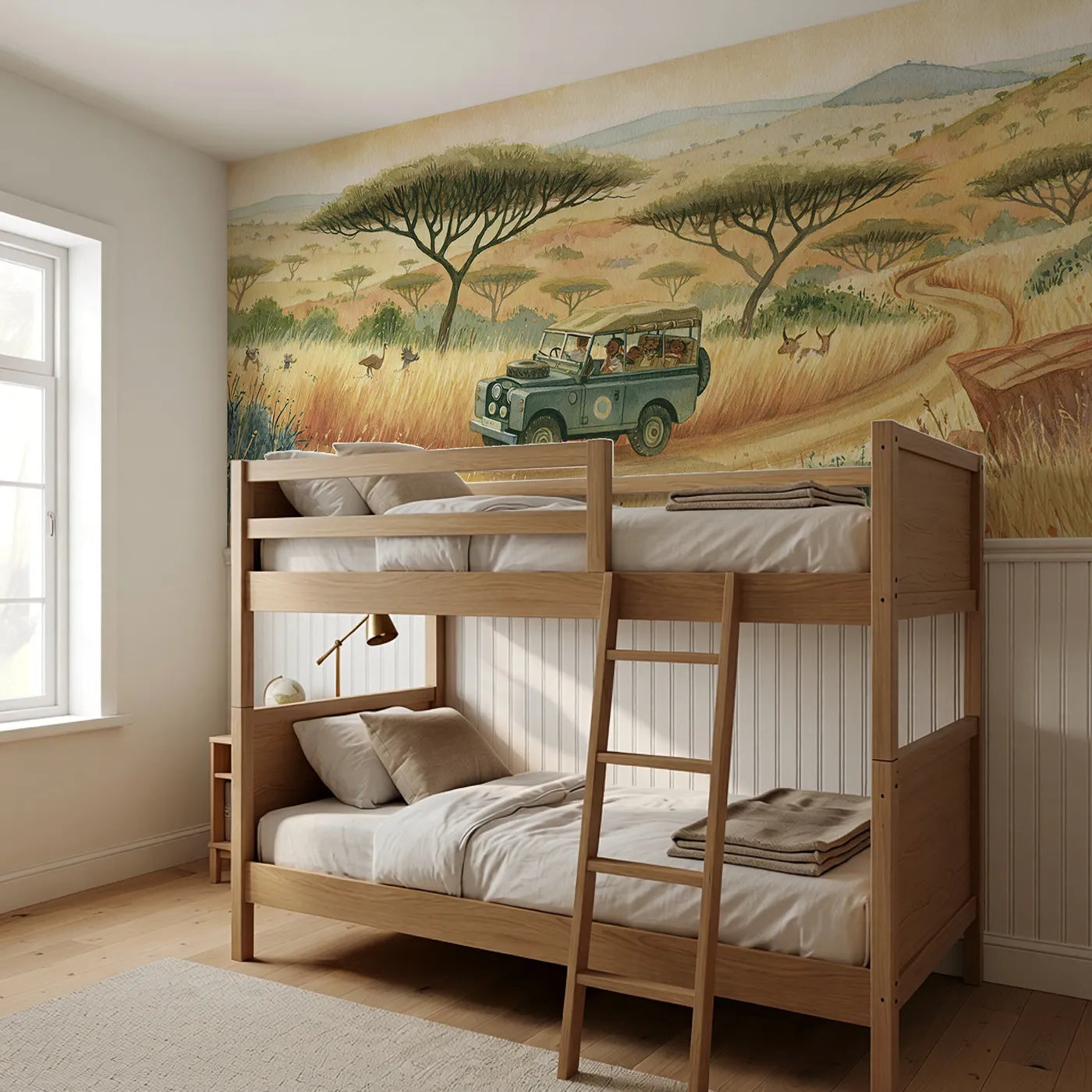 Safari Jeep Adventure Wainscoting Wallpaper styled in a kids room by Whimsy Tots