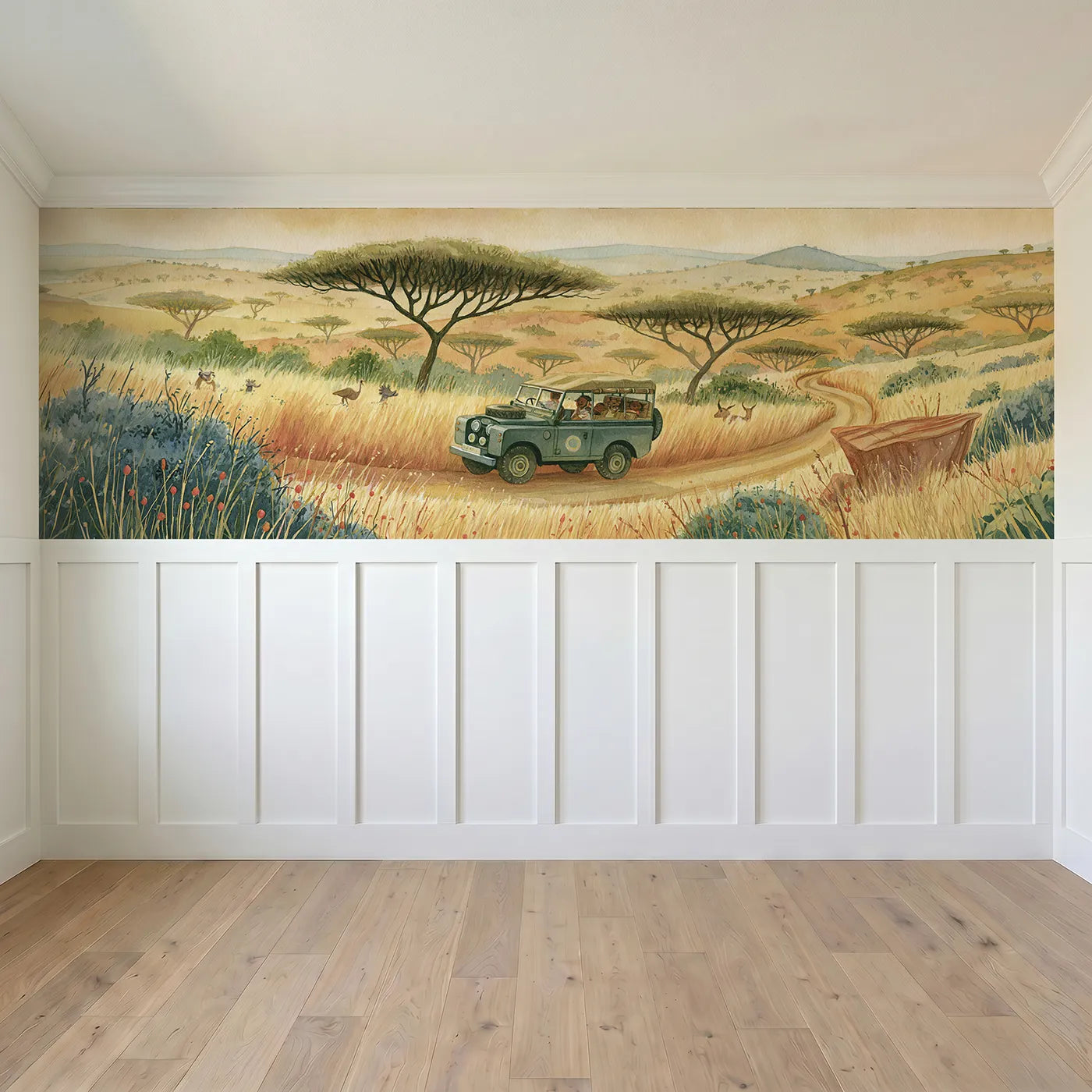 Full panel view of Safari Jeep Adventure Wainscoting Wallpaper by Whimsy Tots