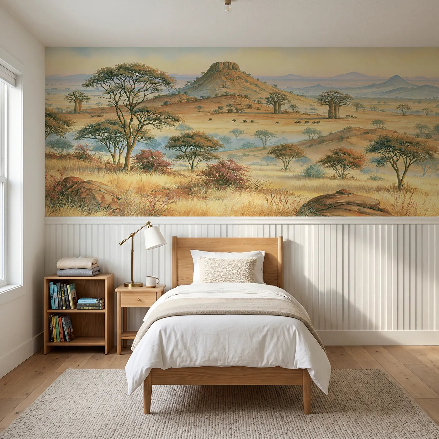Storybook wainscoting wallpaper of a golden savanna panorama at morning by Whimsy Tots