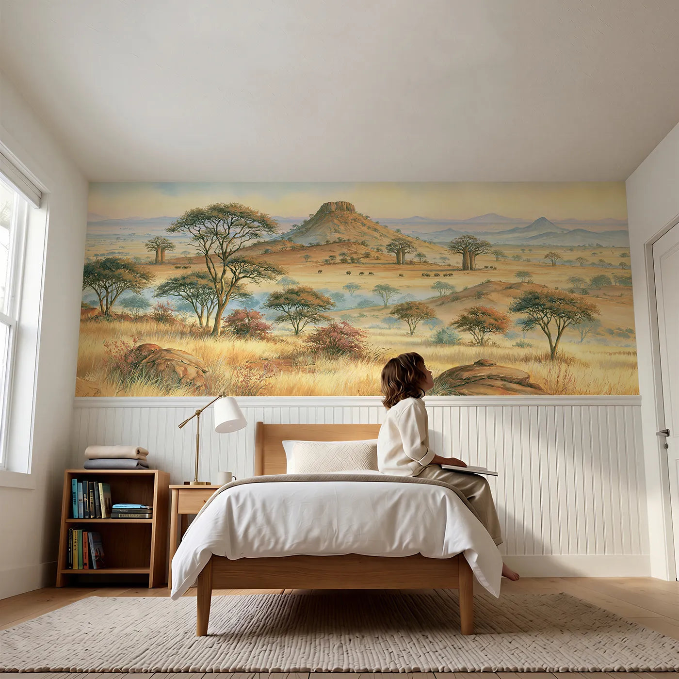 Child reading near Savanna Panorama Morning Wainscoting Wallpaper by Whimsy Tots