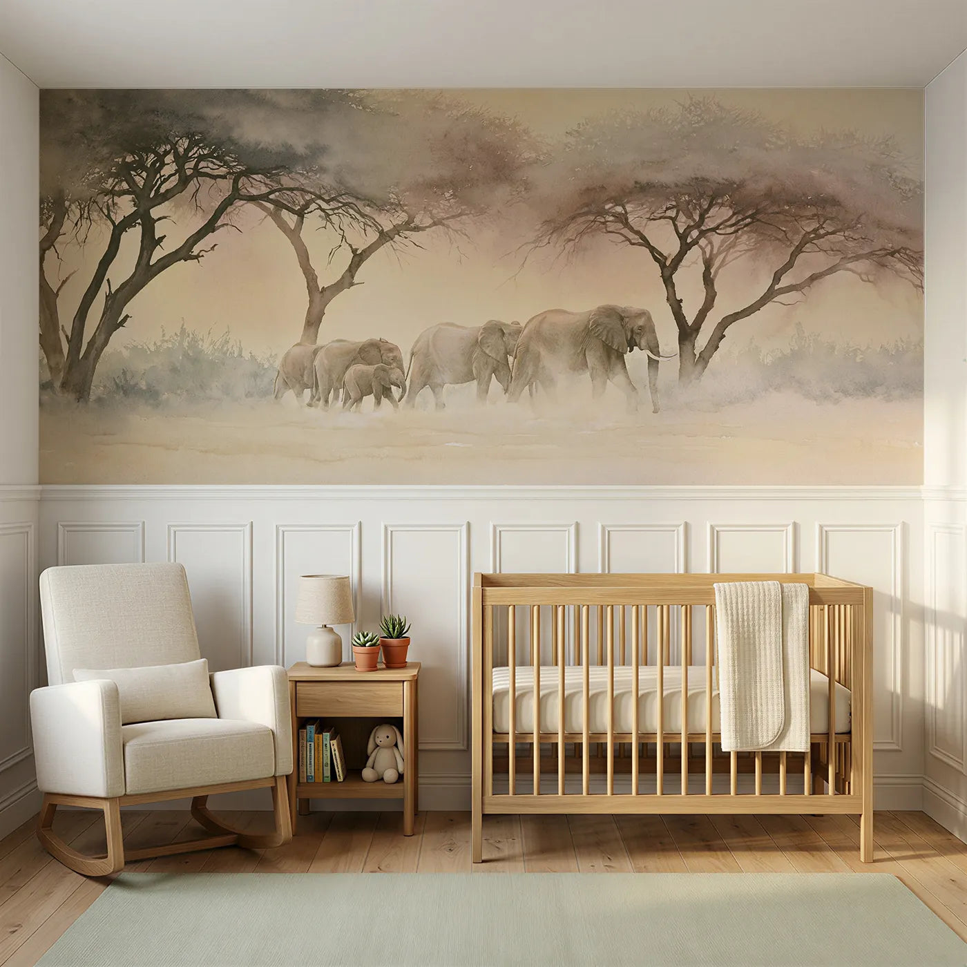 Watercolor wainscoting wallpaper of an elephant family under acacias at dusk by Whimsy Tots