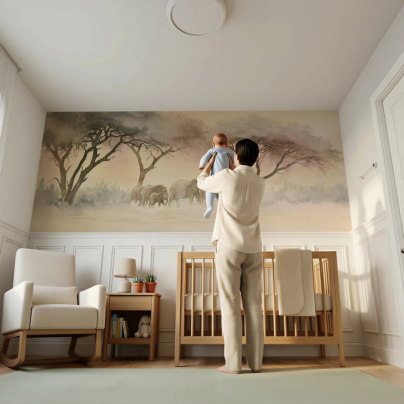 Child reading near Elephant Family Acacia Evening Wainscoting Wallpaper by Whimsy Tots