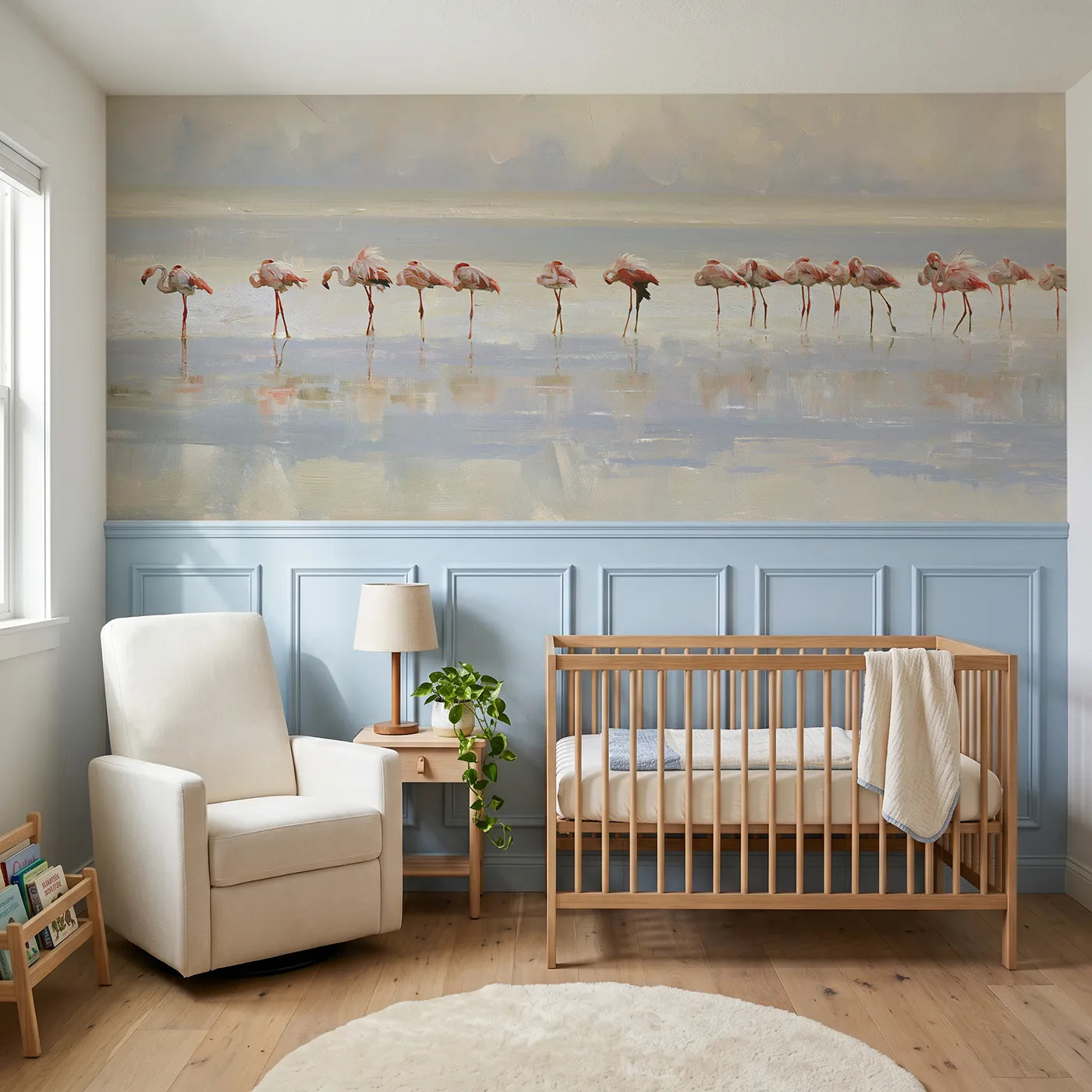 Watercolor wainscoting mural of flamingos preening after rain for a kids bedroom by Whimsy Tots
