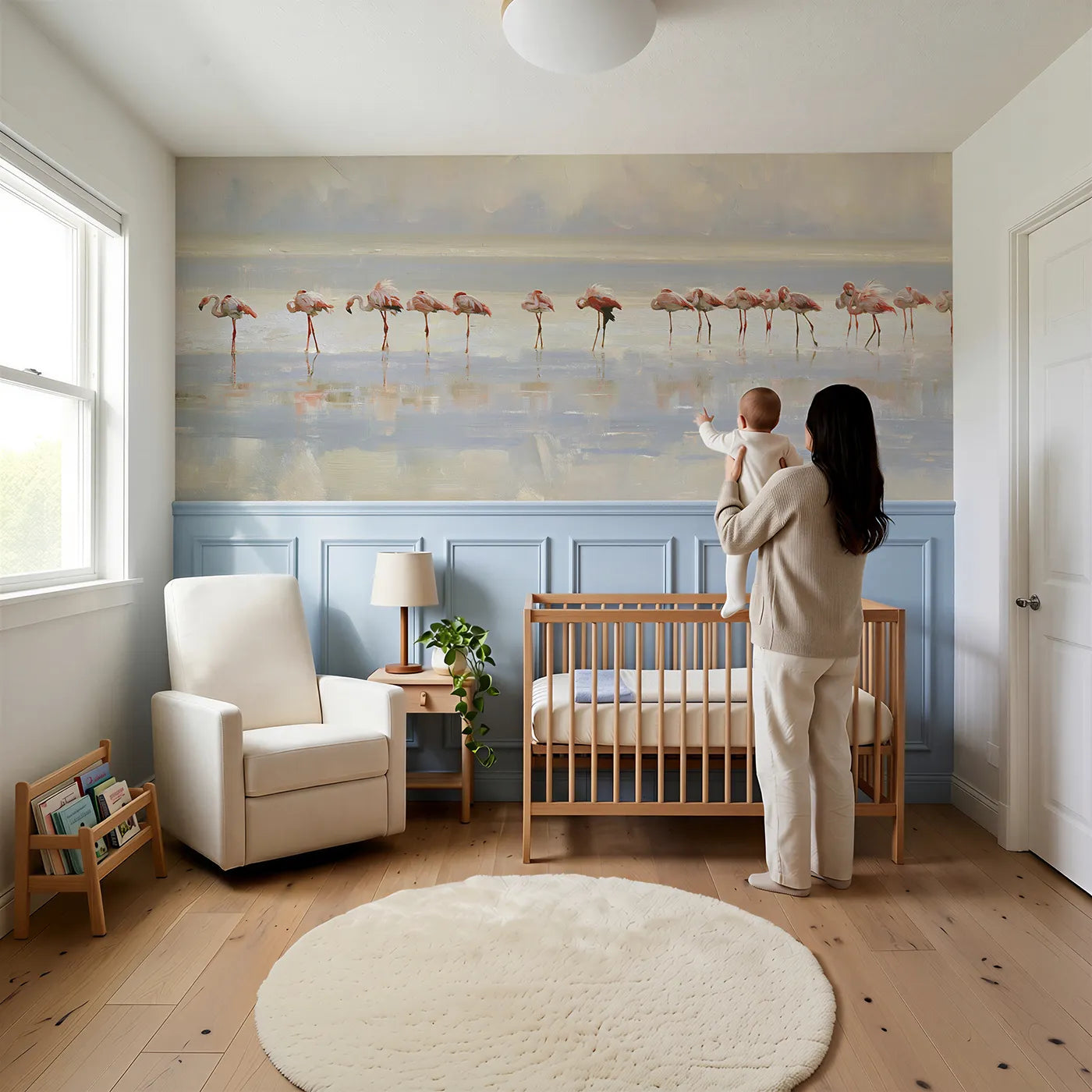 Child reading near Flamingo After Rain Shimmer Wainscoting Wallpaper by Whimsy Tots