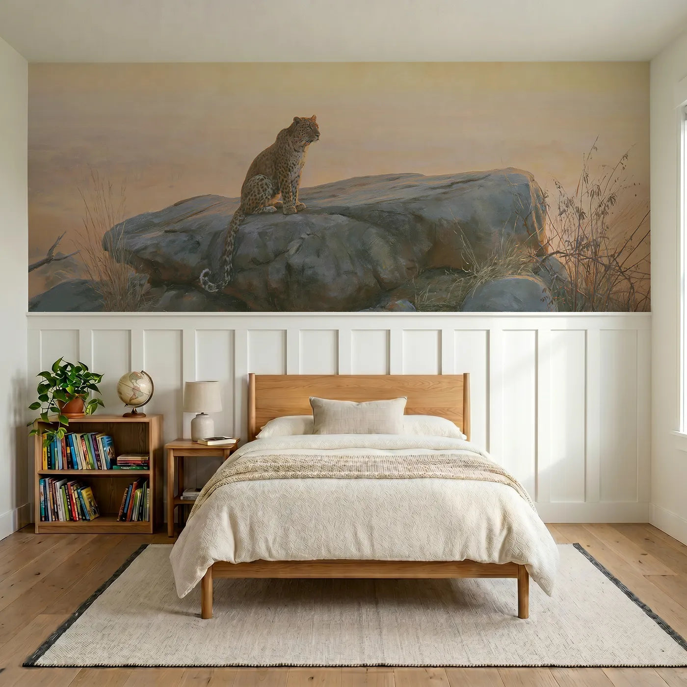 Watercolor wainscoting wallpaper of a leopard on a kopje at first light by Whimsy Tots