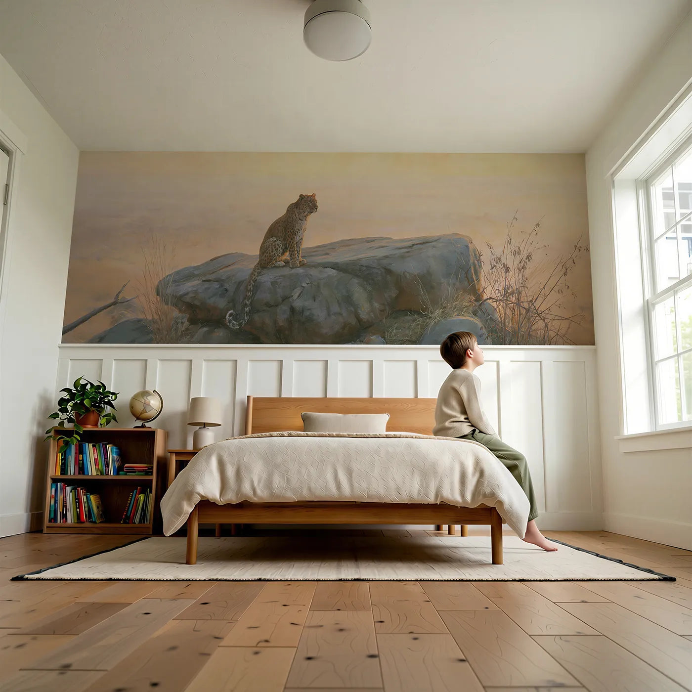 Child reading near Leopard Kopje First Light Wainscoting Wallpaper by Whimsy Tots