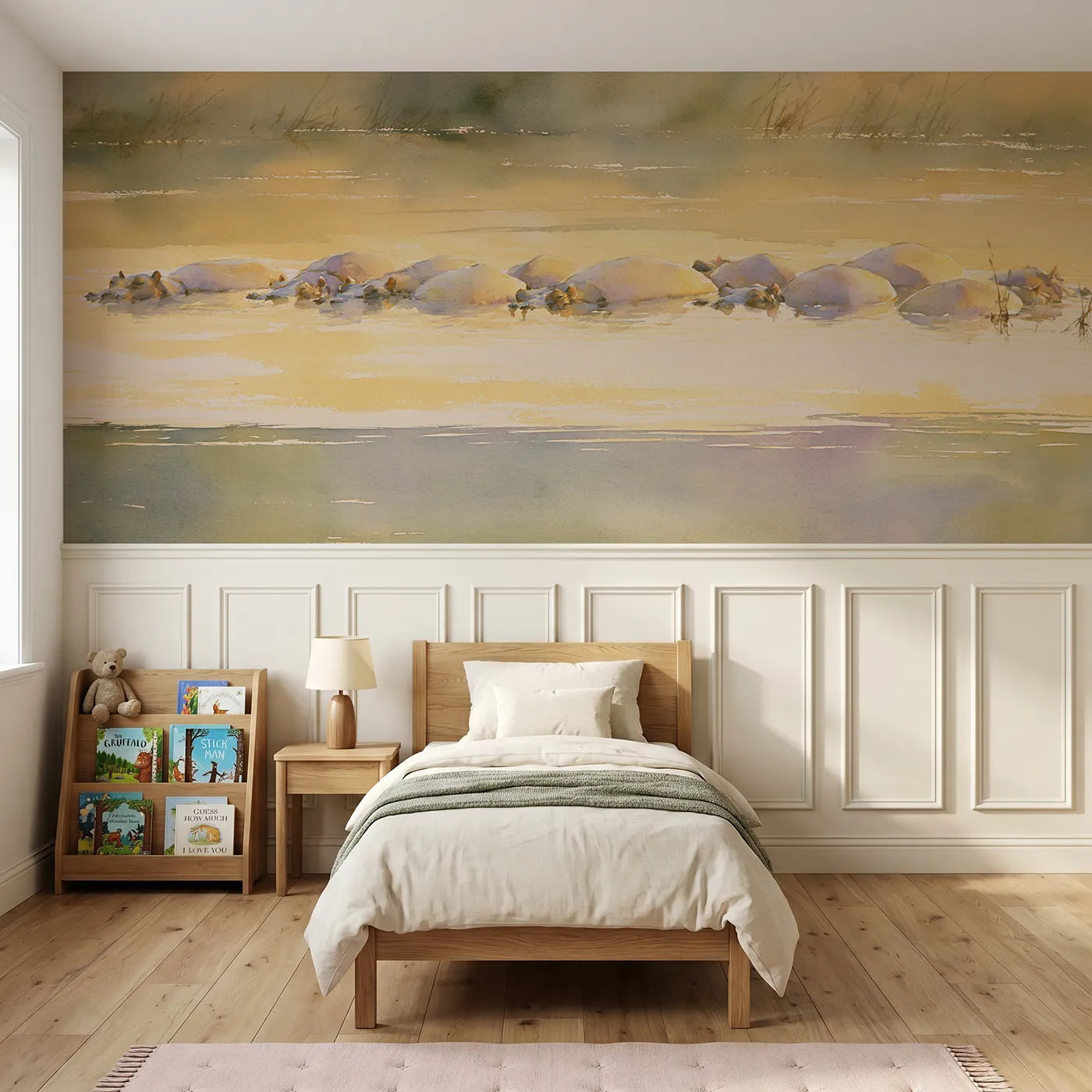 Watercolor wainscoting wallpaper of a hippo pod floating at dusk for a nursery by Whimsy Tots