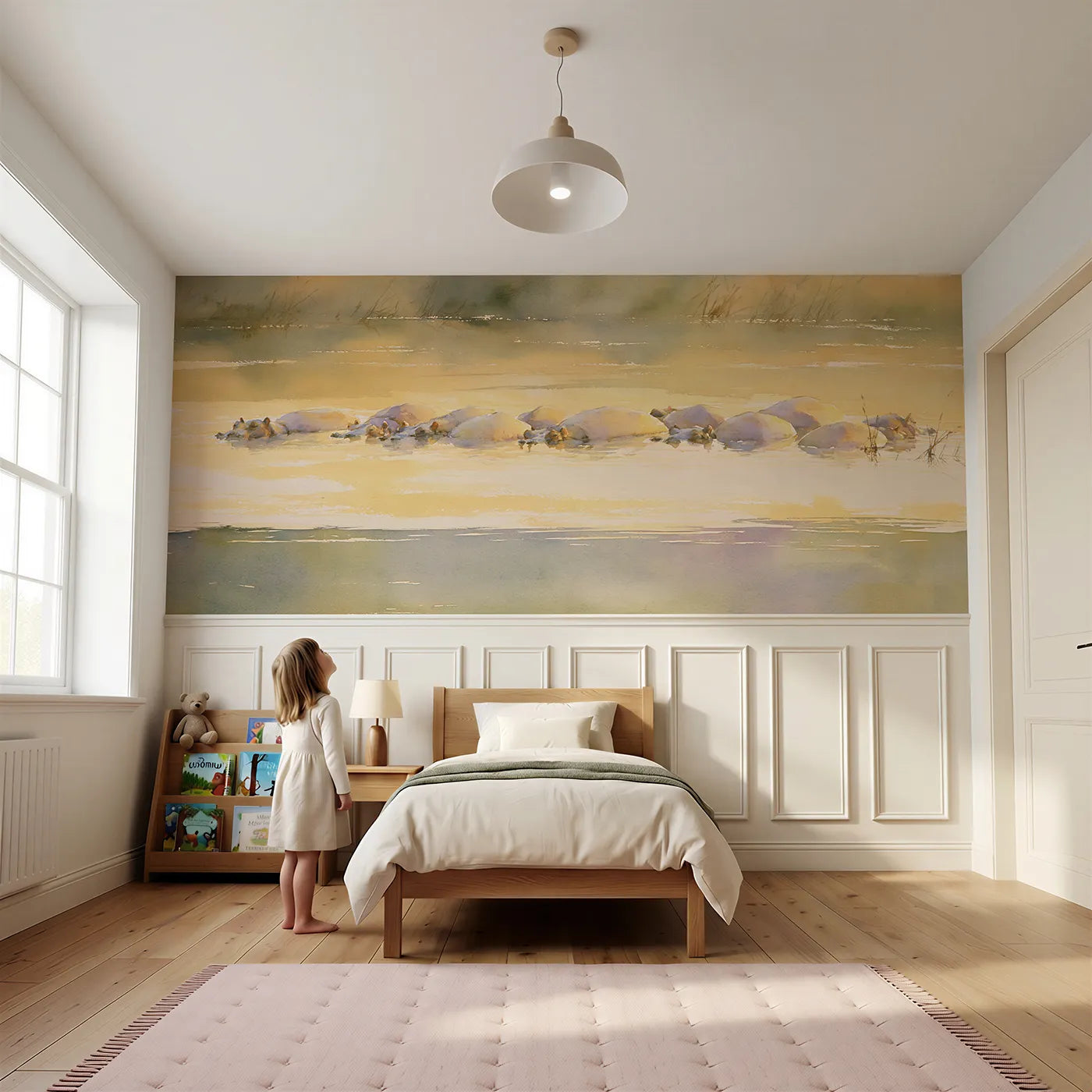 Child reading near Hippo Pod Evening Pool Wainscoting Wallpaper by Whimsy Tots