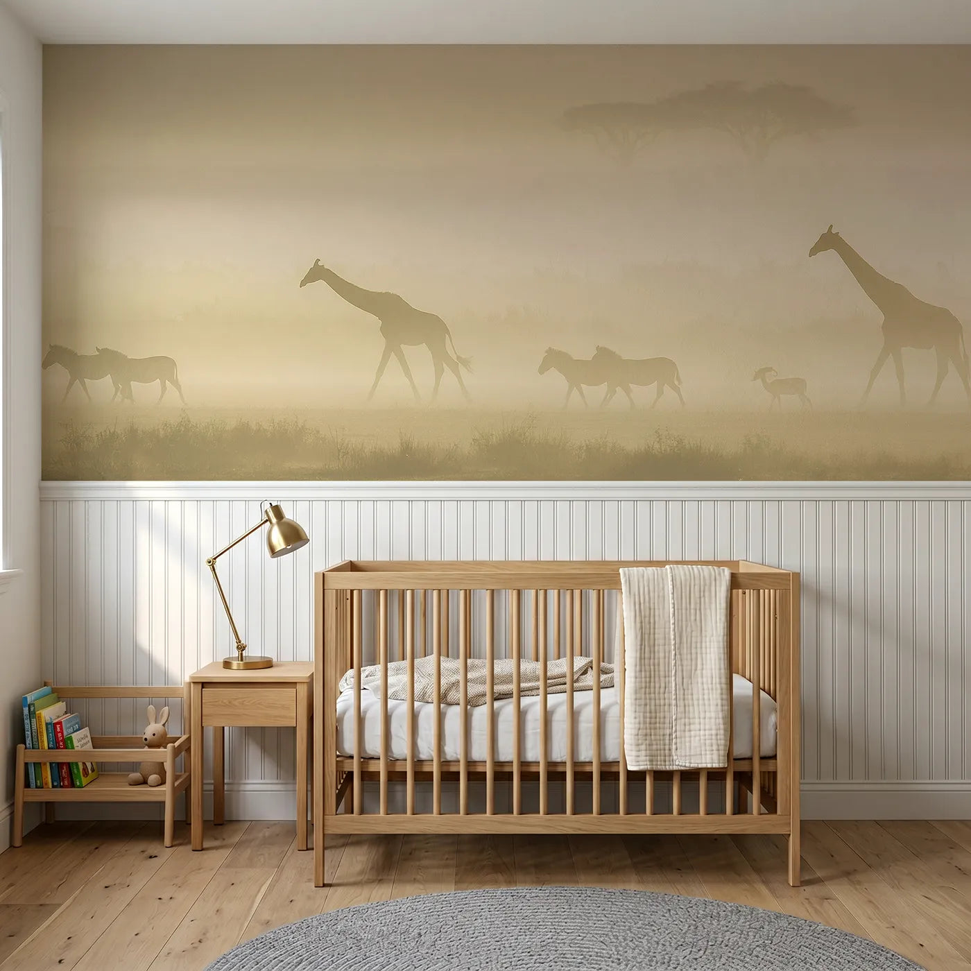 Watercolor wainscoting wallpaper of animals walking through valley mist by Whimsy Tots