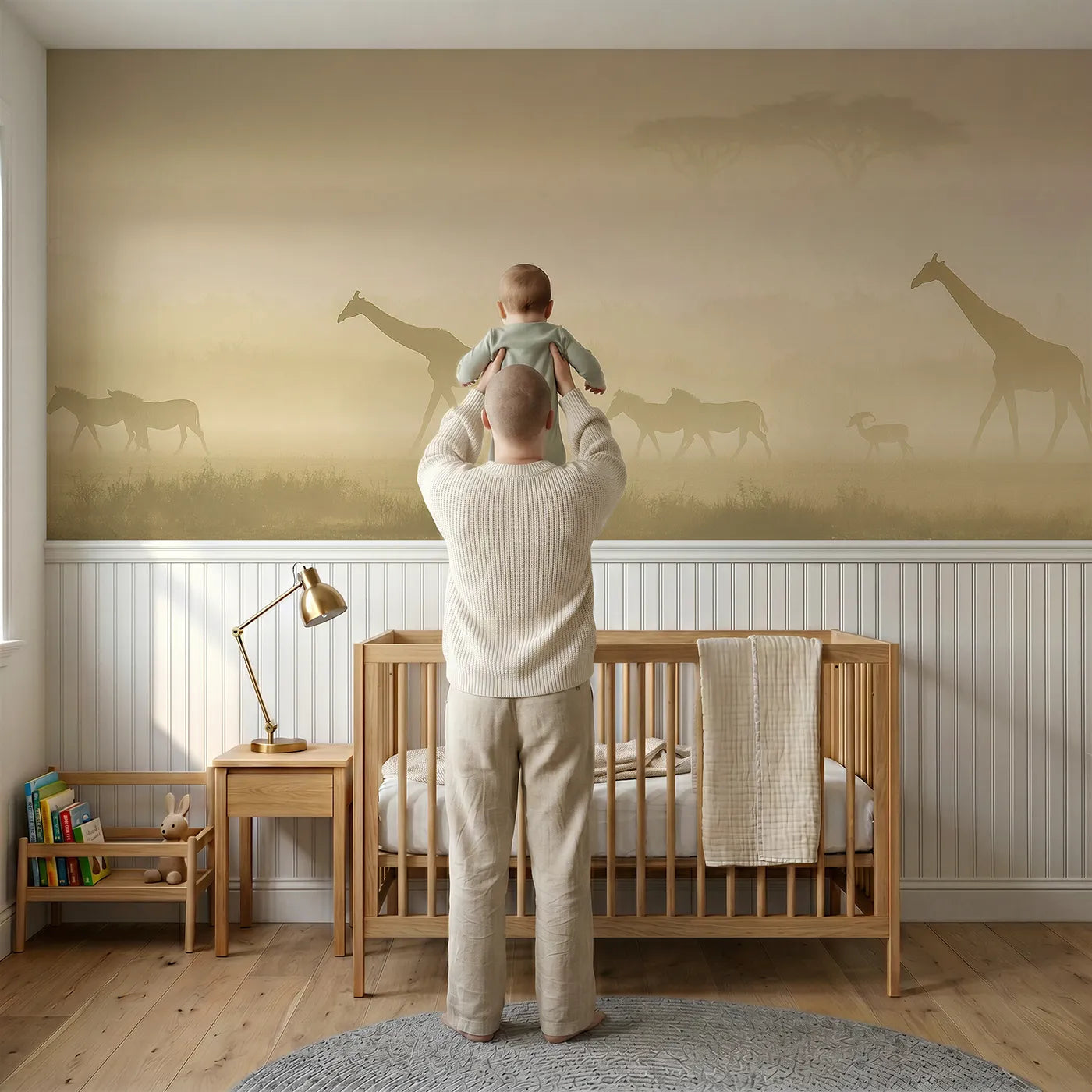 Child reading near Misty Valley Morning Walk Wainscoting Wallpaper by Whimsy Tots