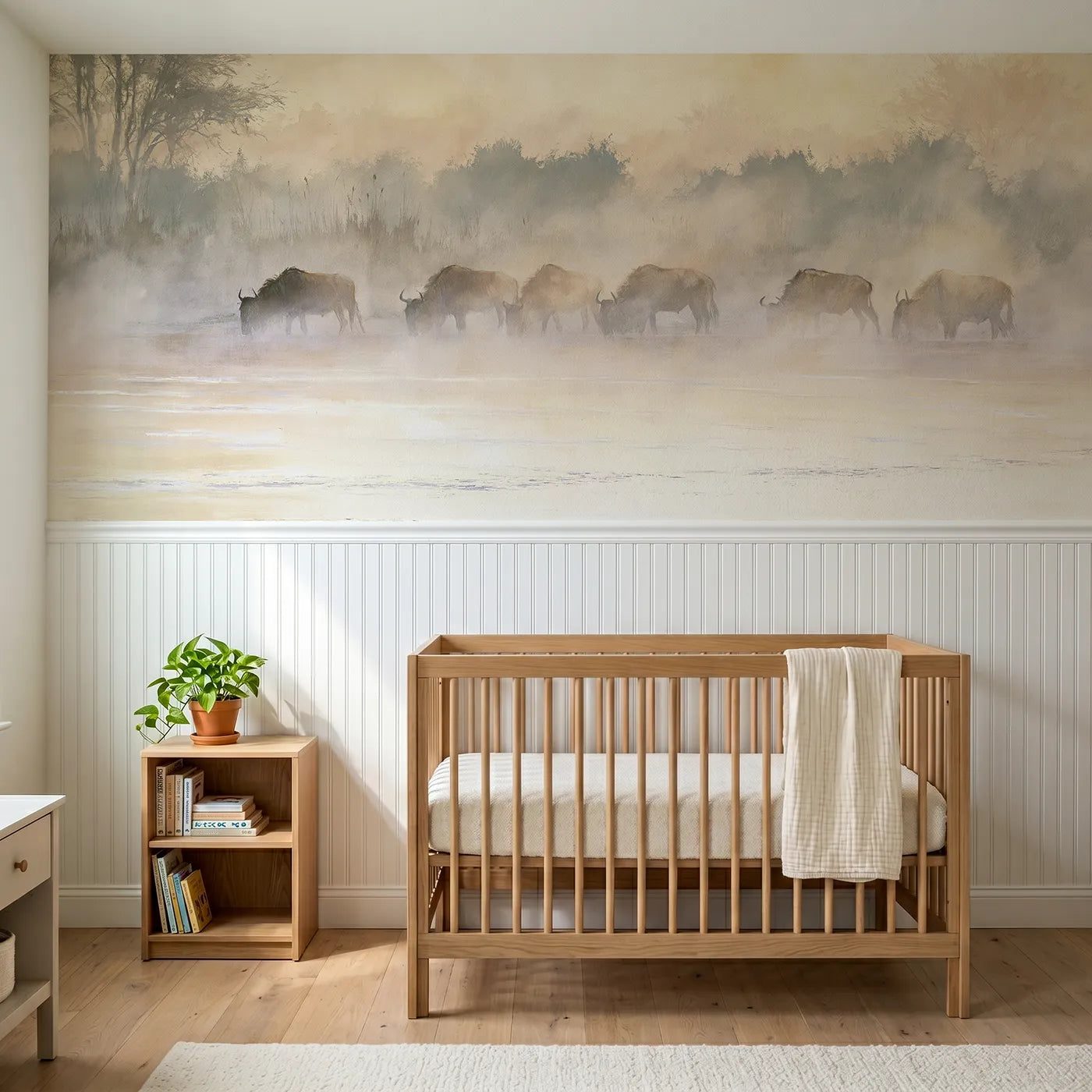 Watercolor wainscoting wallpaper of wildebeest at a misty river at dawn by Whimsy Tots