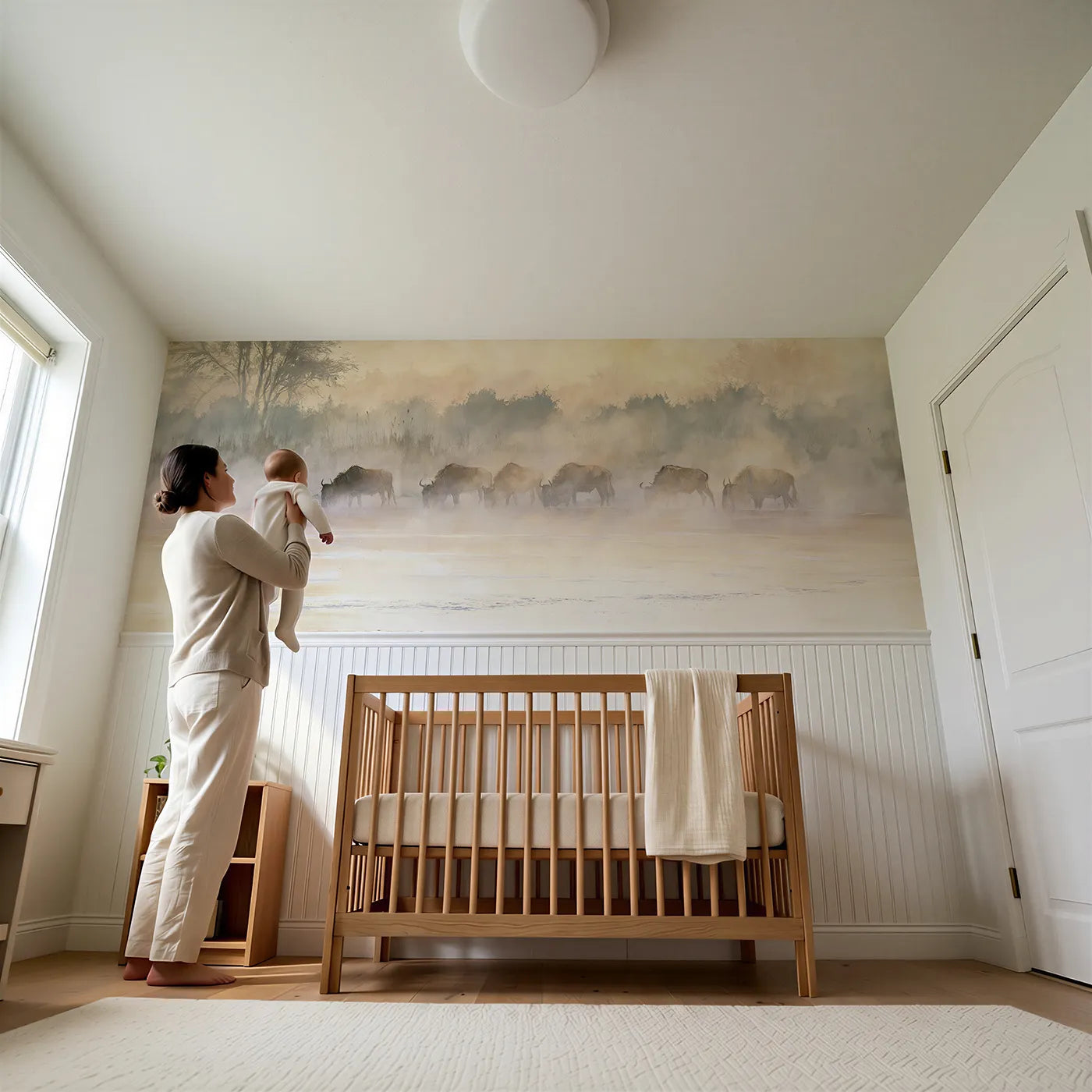 Child reading near Wildebeest River Morning Wainscoting Wallpaper by Whimsy Tots