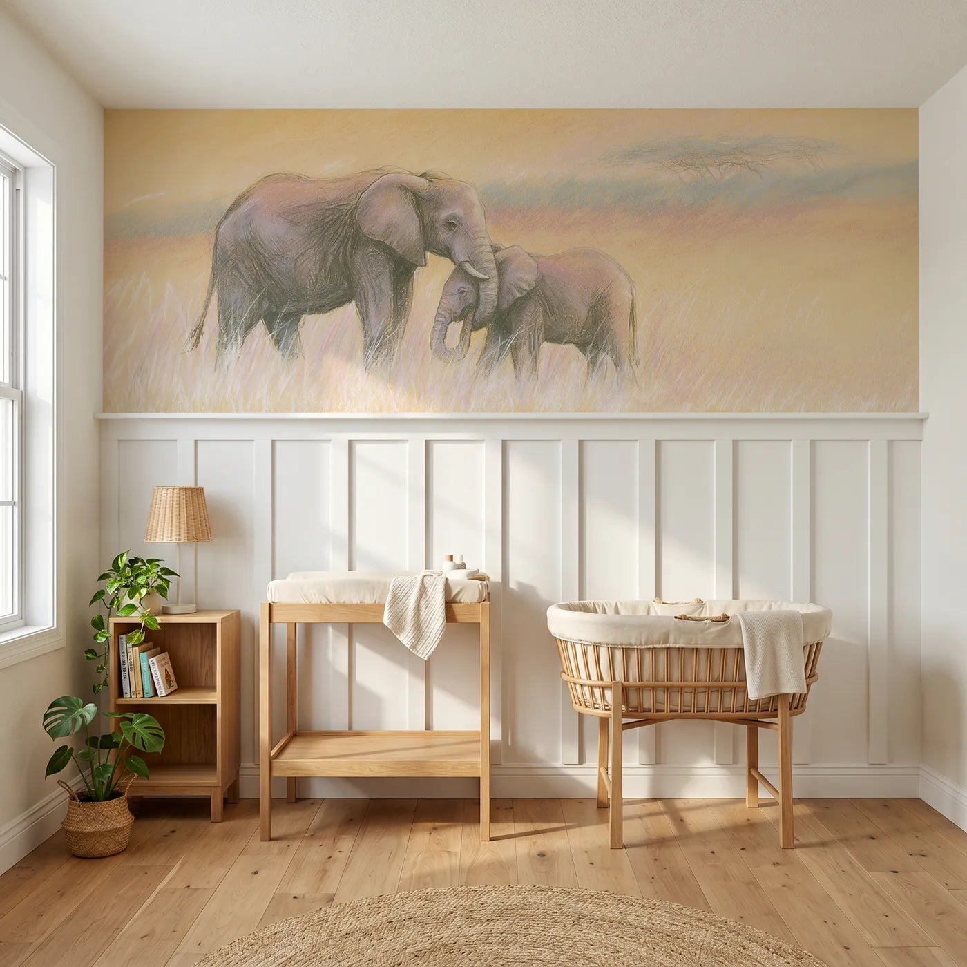 Colored pencil wainscoting wallpaper of an elephant trunk hug at evening by Whimsy Tots