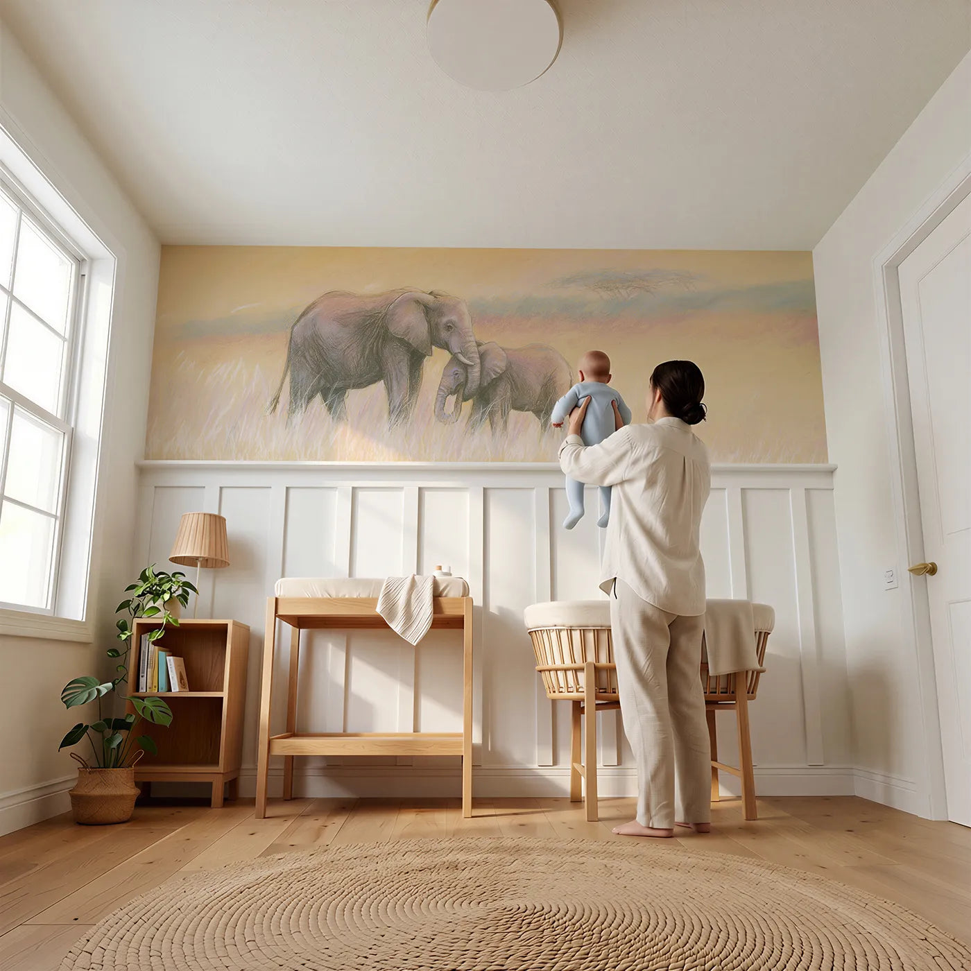 Child reading near Elephant Trunk Hug Wainscoting Wallpaper by Whimsy Tots