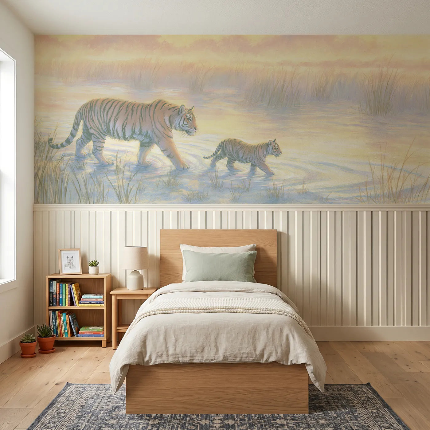 Colored pencil wainscoting mural of a tiger mother and cub walking at dawn by Whimsy Tots