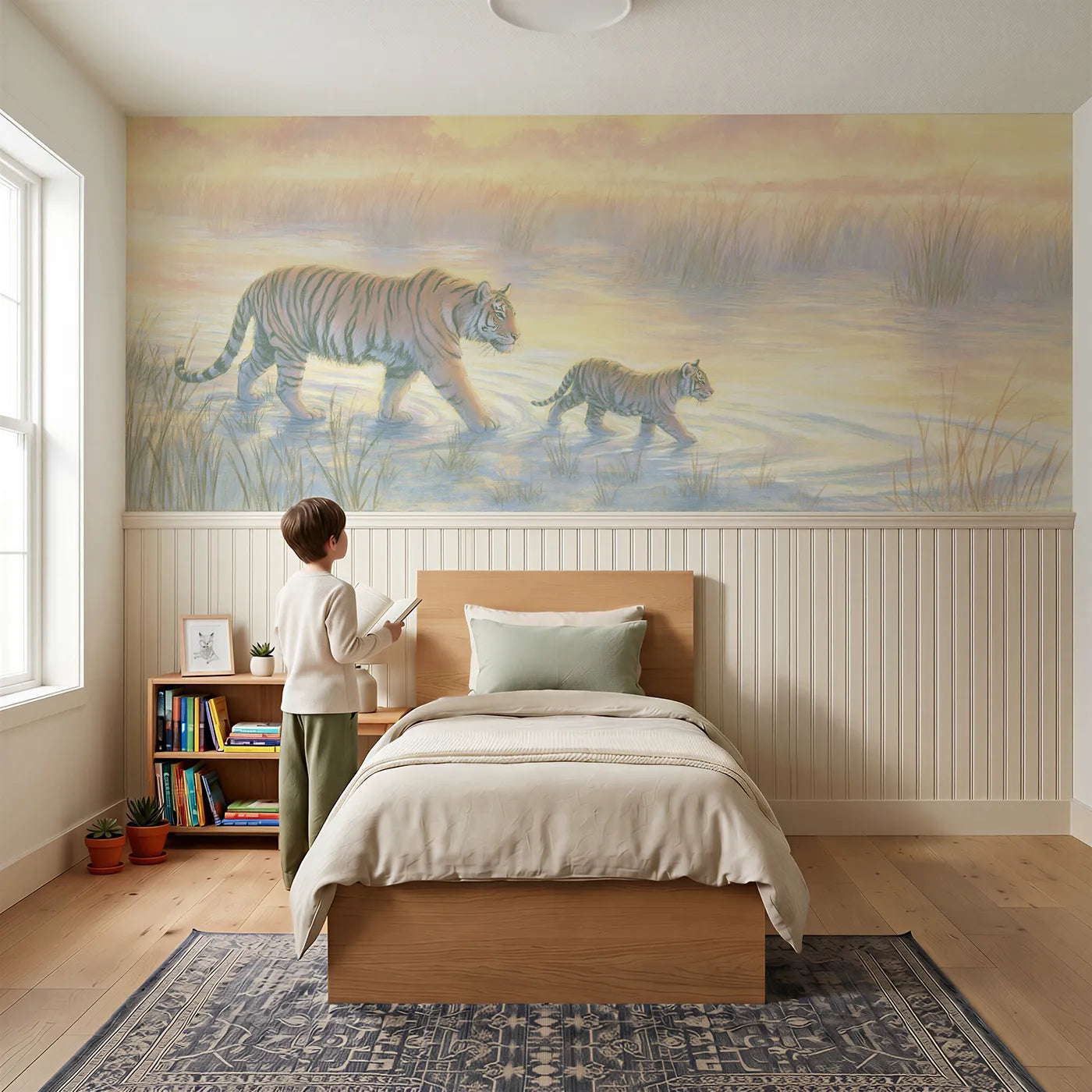 Child reading near Tiger Mother Cub Riverside Wainscoting Wallpaper by Whimsy Tots