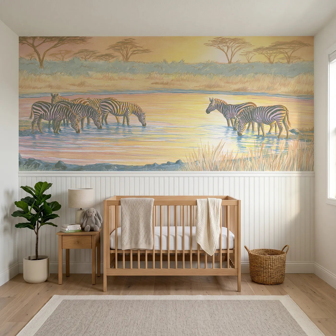 Colored pencil wainscoting wallpaper of a zebra dazzle at an evening watering hole by Whimsy Tots
