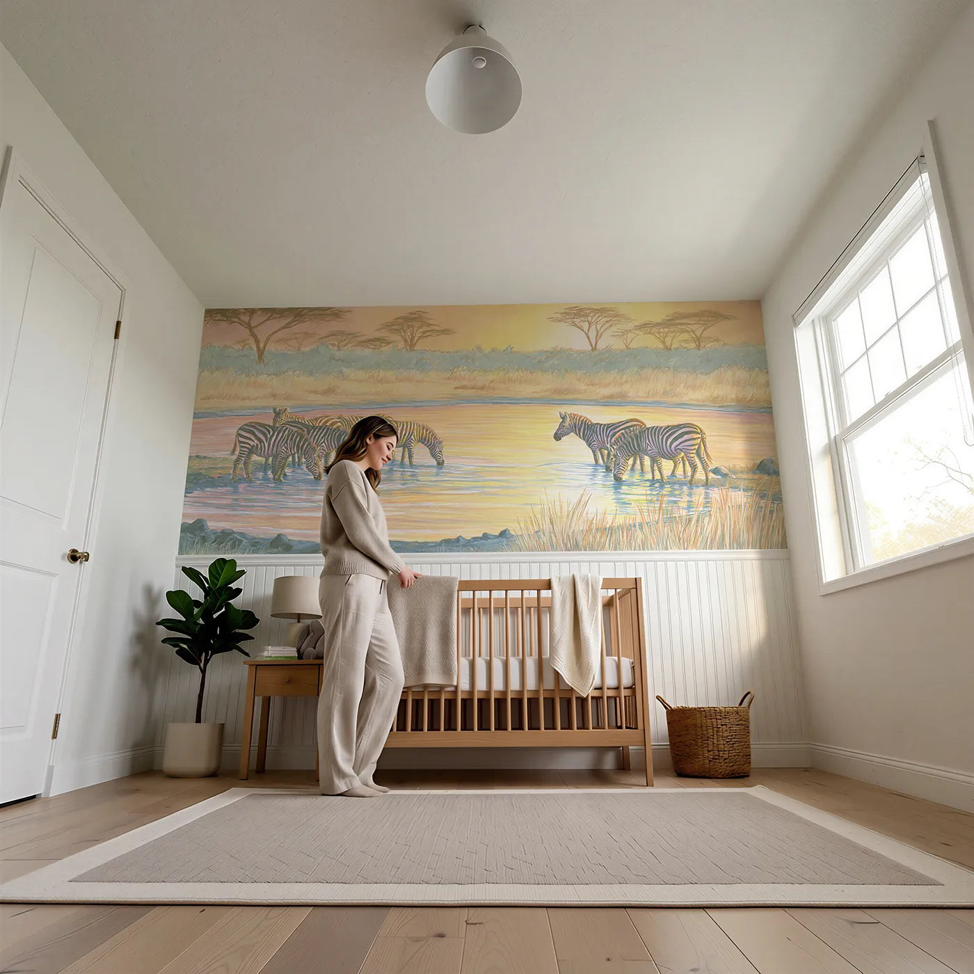 Child reading near Zebra Dazzle Evening Wainscoting Wallpaper by Whimsy Tots