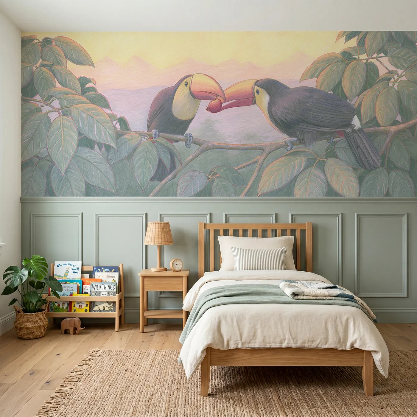 Colored pencil wainscoting wallpaper of toucans sharing a berry at first light by Whimsy Tots