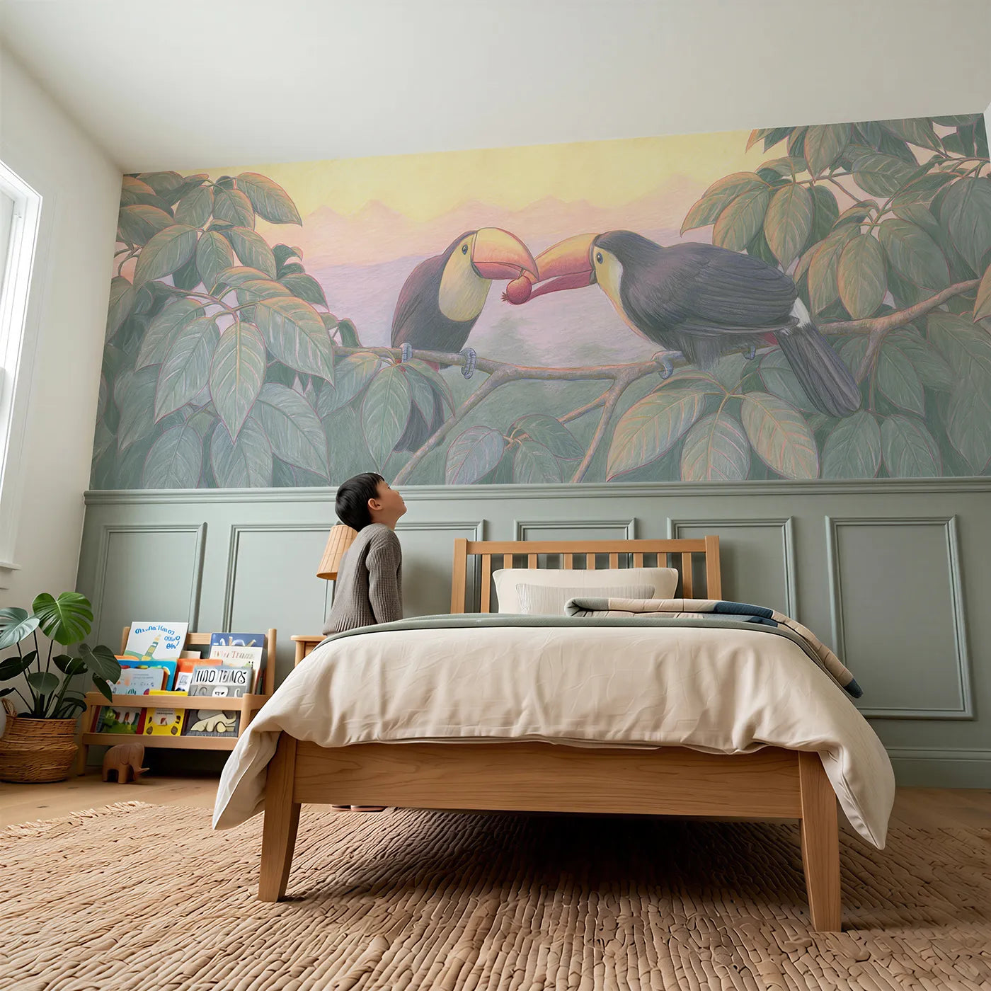 Child reading near Toucan Berry Gift Wainscoting Wallpaper by Whimsy Tots