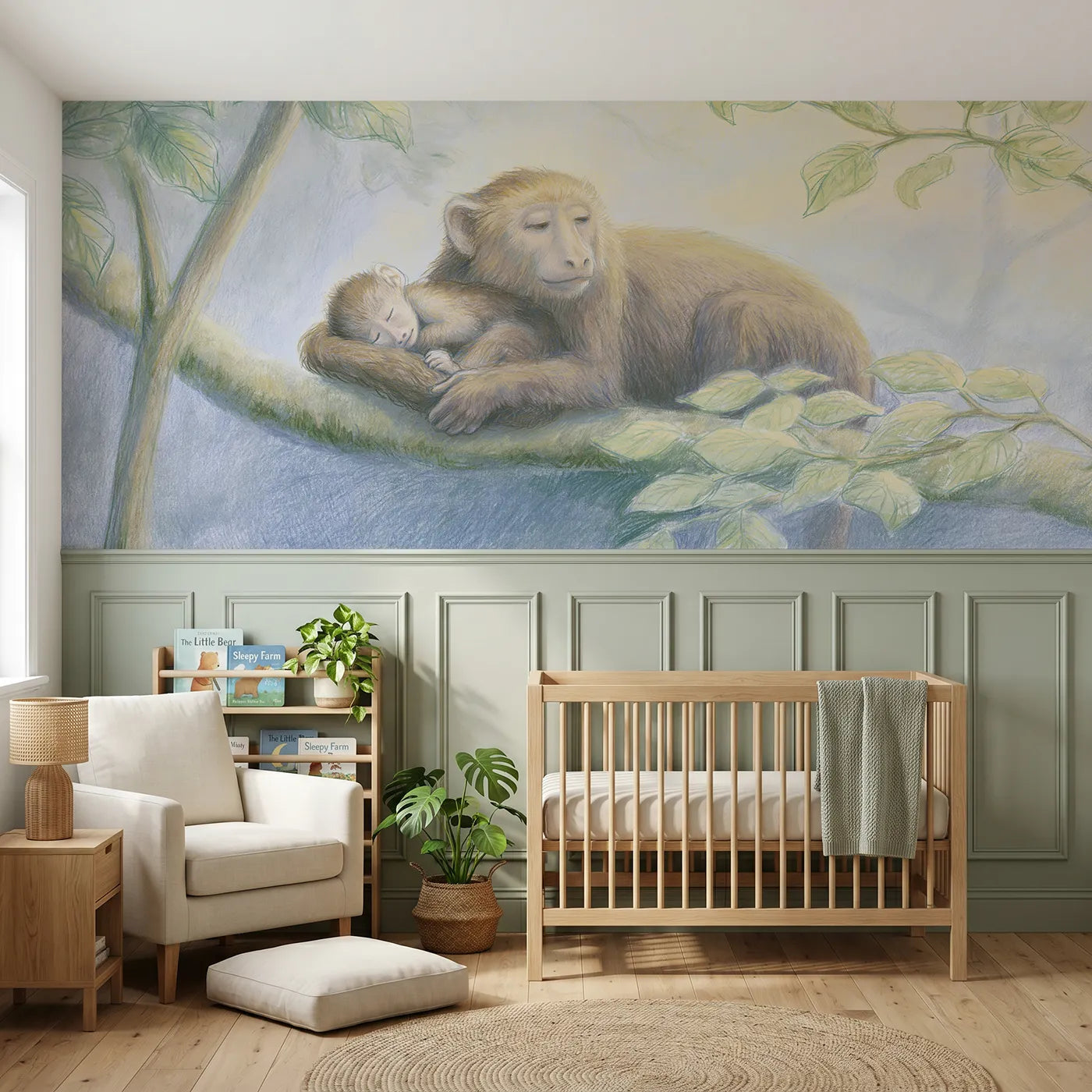 Colored pencil wainscoting wallpaper of a baby monkey napping in a curled tail by Whimsy Tots