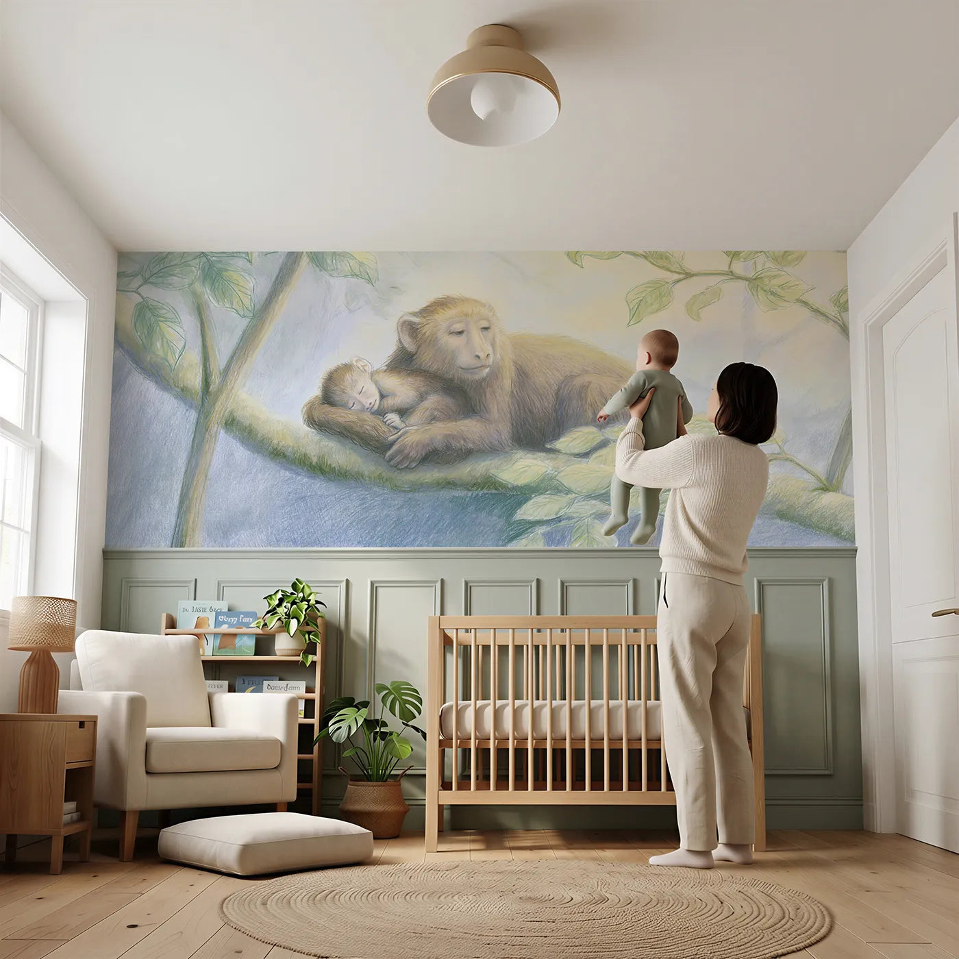 Child reading near Monkey Baby Tail Curl Nap Wainscoting Wallpaper by Whimsy Tots