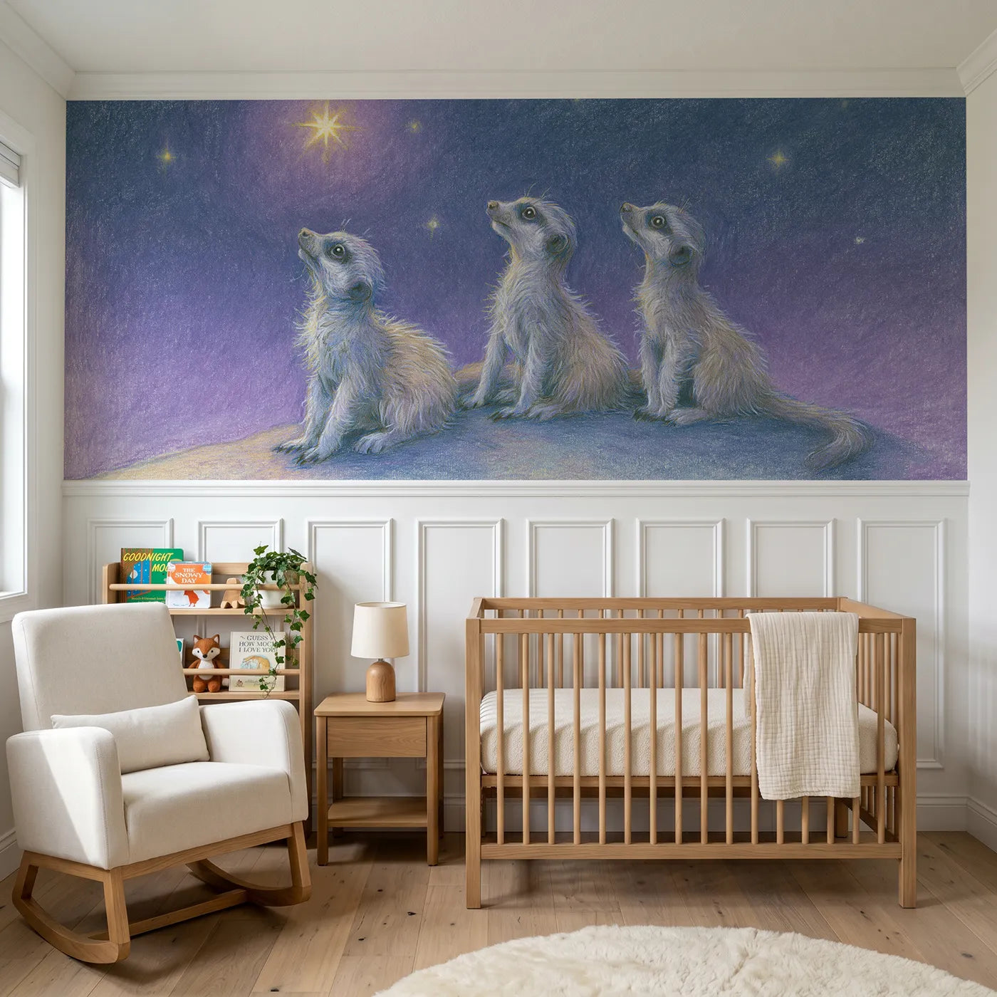 Colored pencil wainscoting wallpaper of meerkat pups stargazing at night by Whimsy Tots