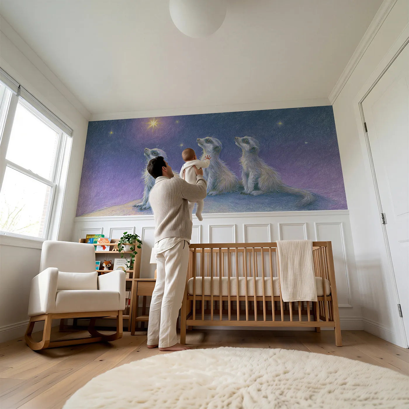 Child reading near Meerkat Pups Stargazing Wainscoting Wallpaper by Whimsy Tots