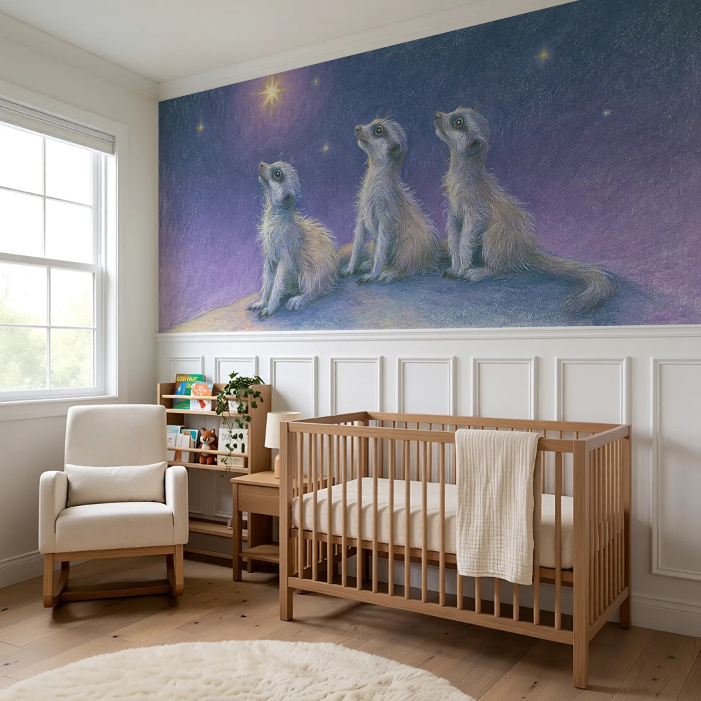 Meerkat Pups Stargazing Wainscoting Wallpaper styled in a kids room by Whimsy Tots