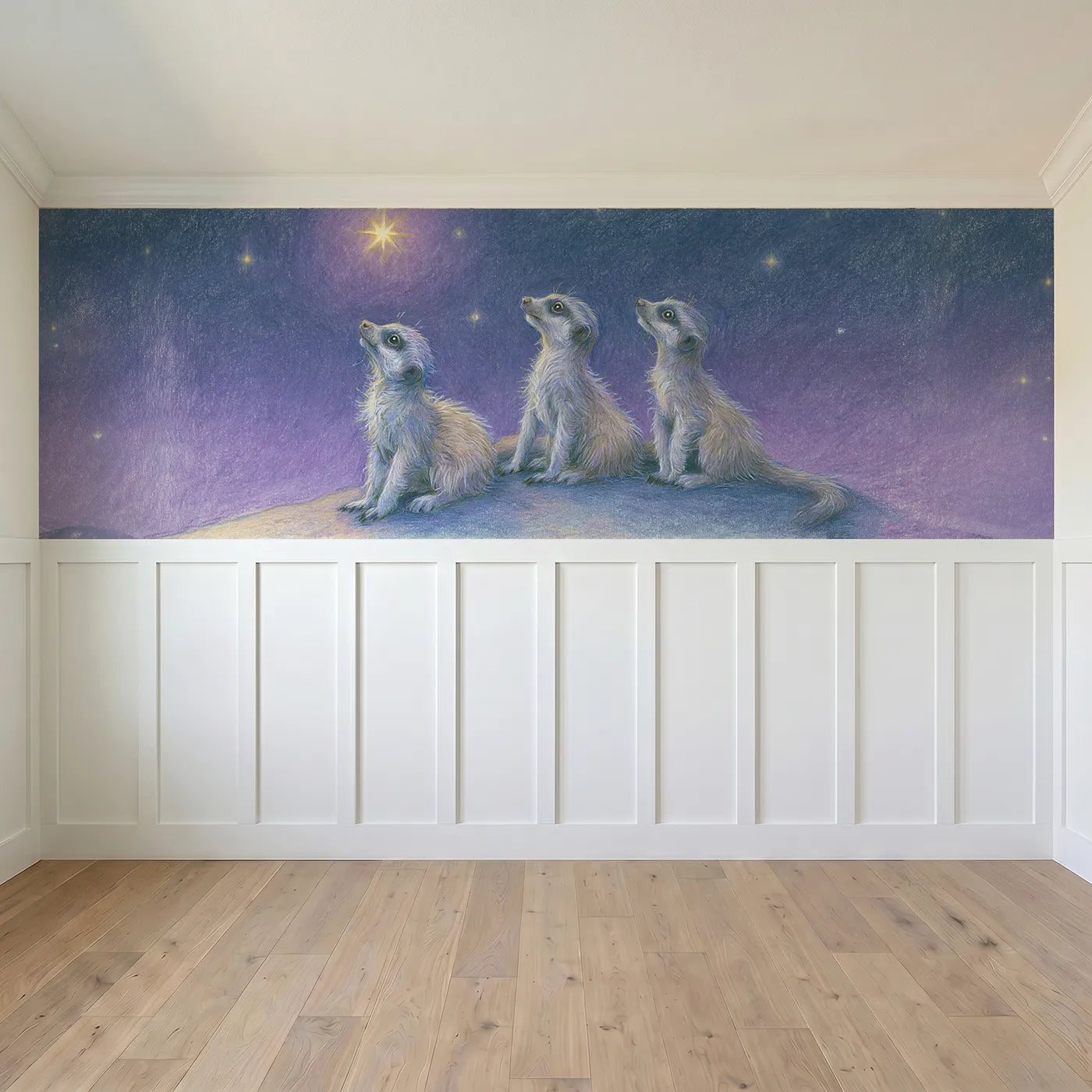 Full panel view of Meerkat Pups Stargazing Wainscoting Wallpaper by Whimsy Tots